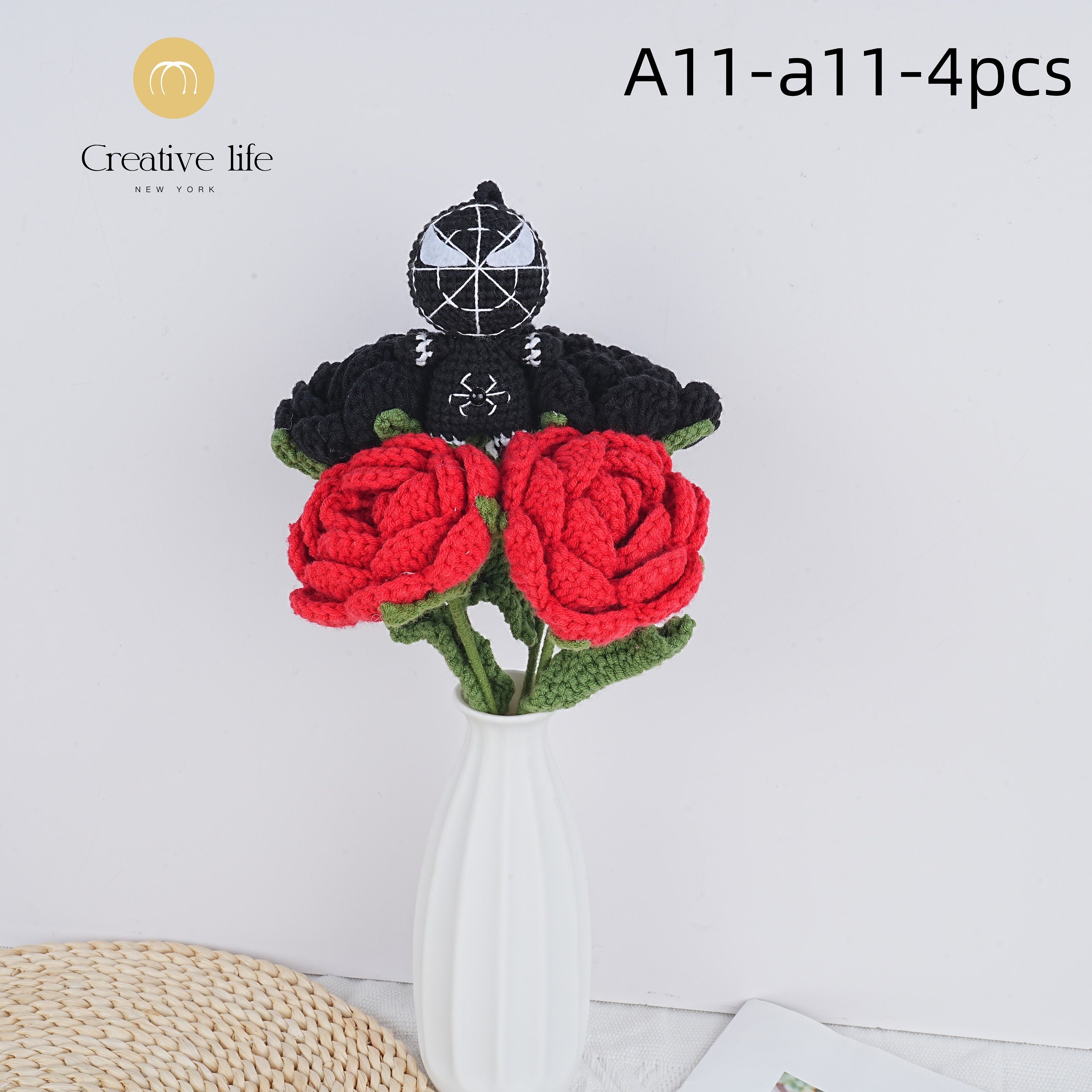 Handmade The Avengers Doll Red Black Roses Crochet Bouquet