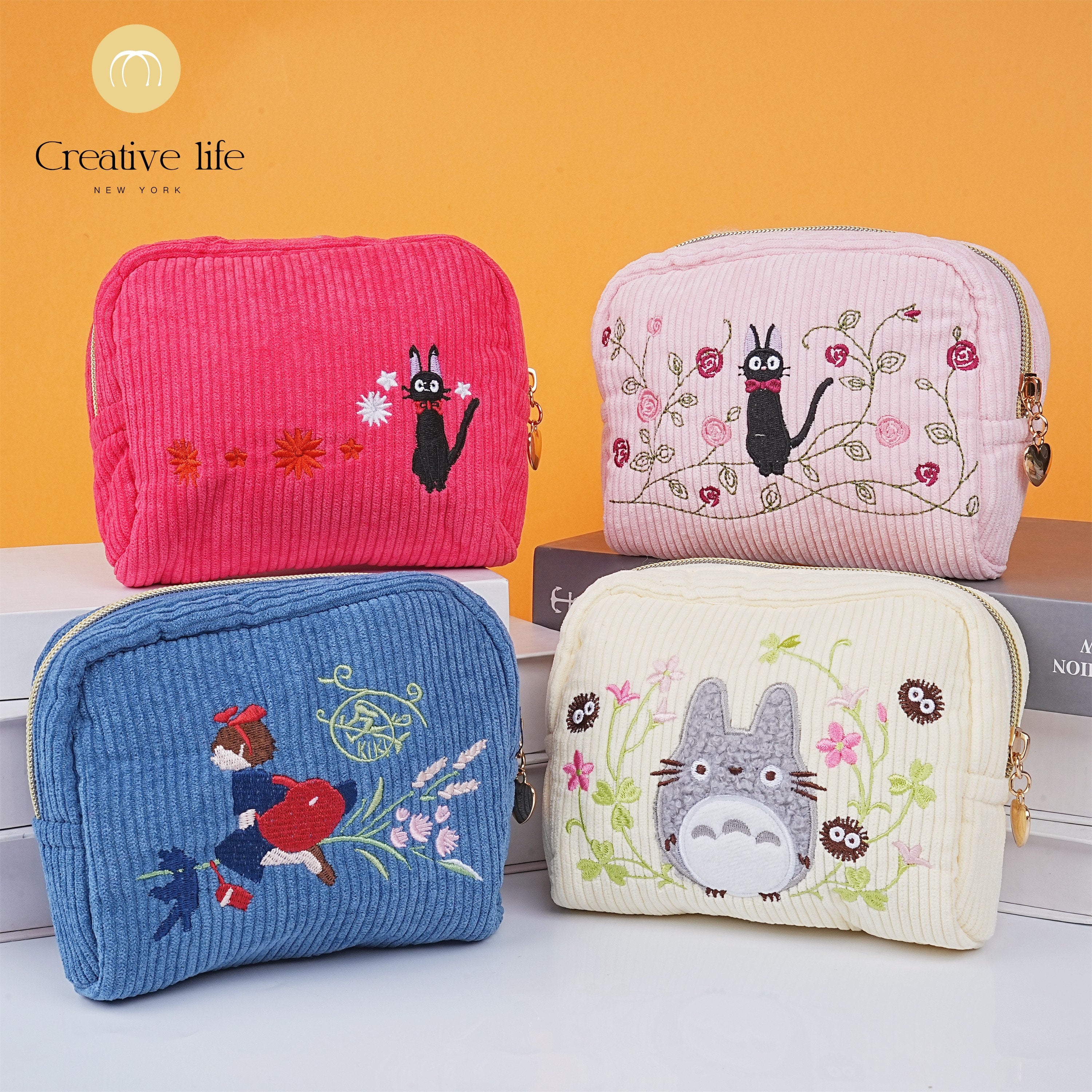 Handmade Embroidered Cartoon Totoro Corduroy Cosmetic Bag