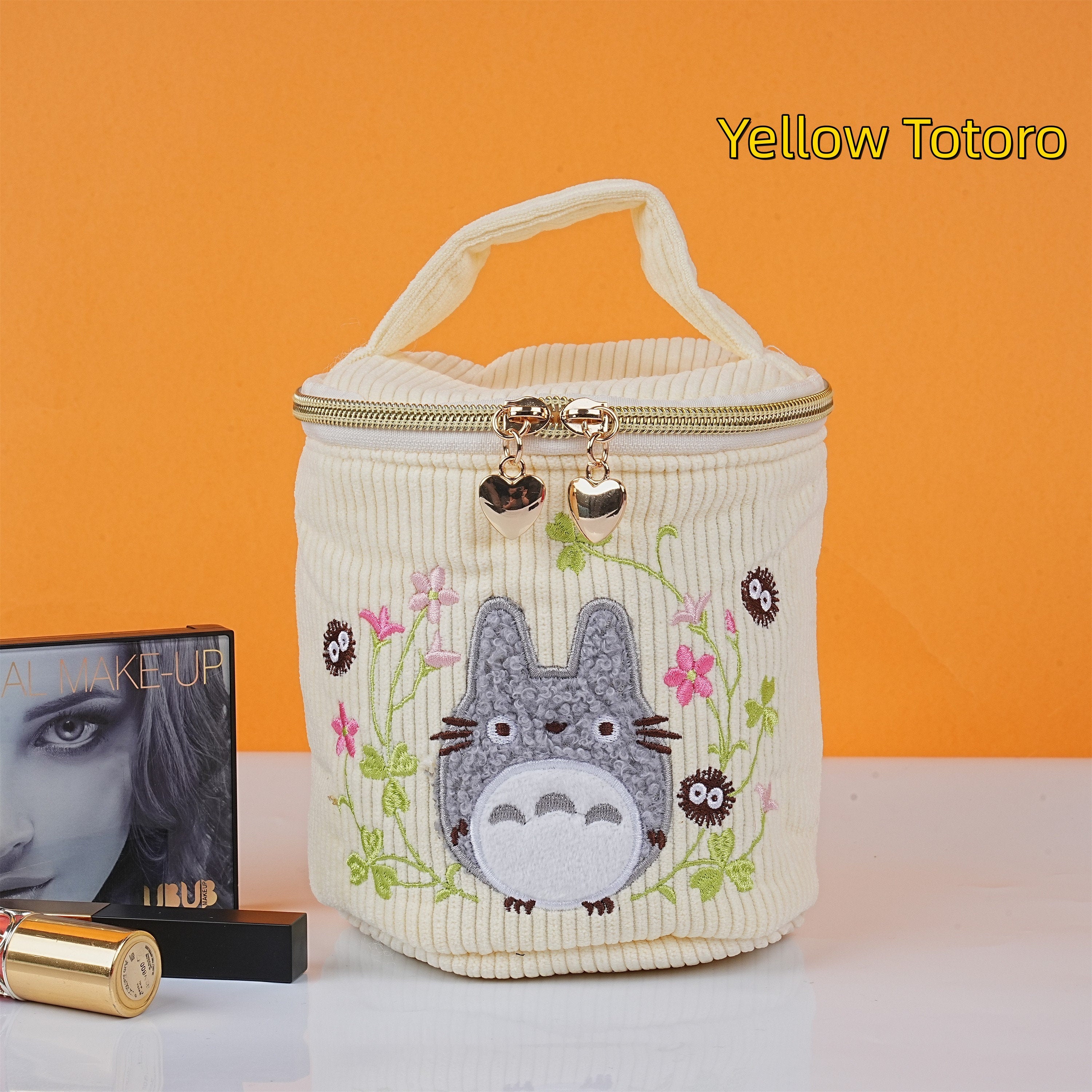 Handmade Cartoon Totoro Corduroy Portable Bucket Cosmetic Bag