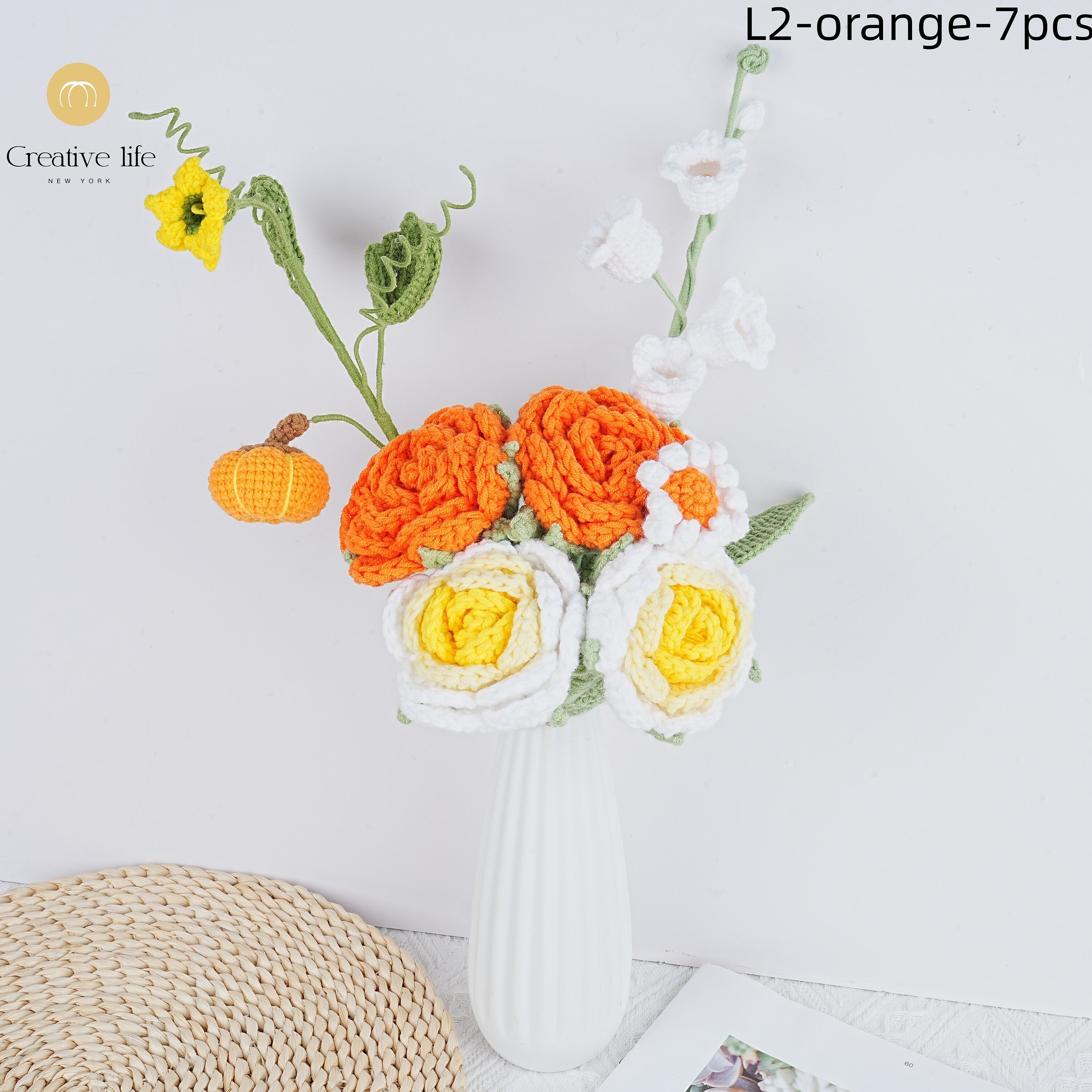 7PCS Handmade Rose Pumpkin Lily of the Valley and Daisy Crochet Bouquet