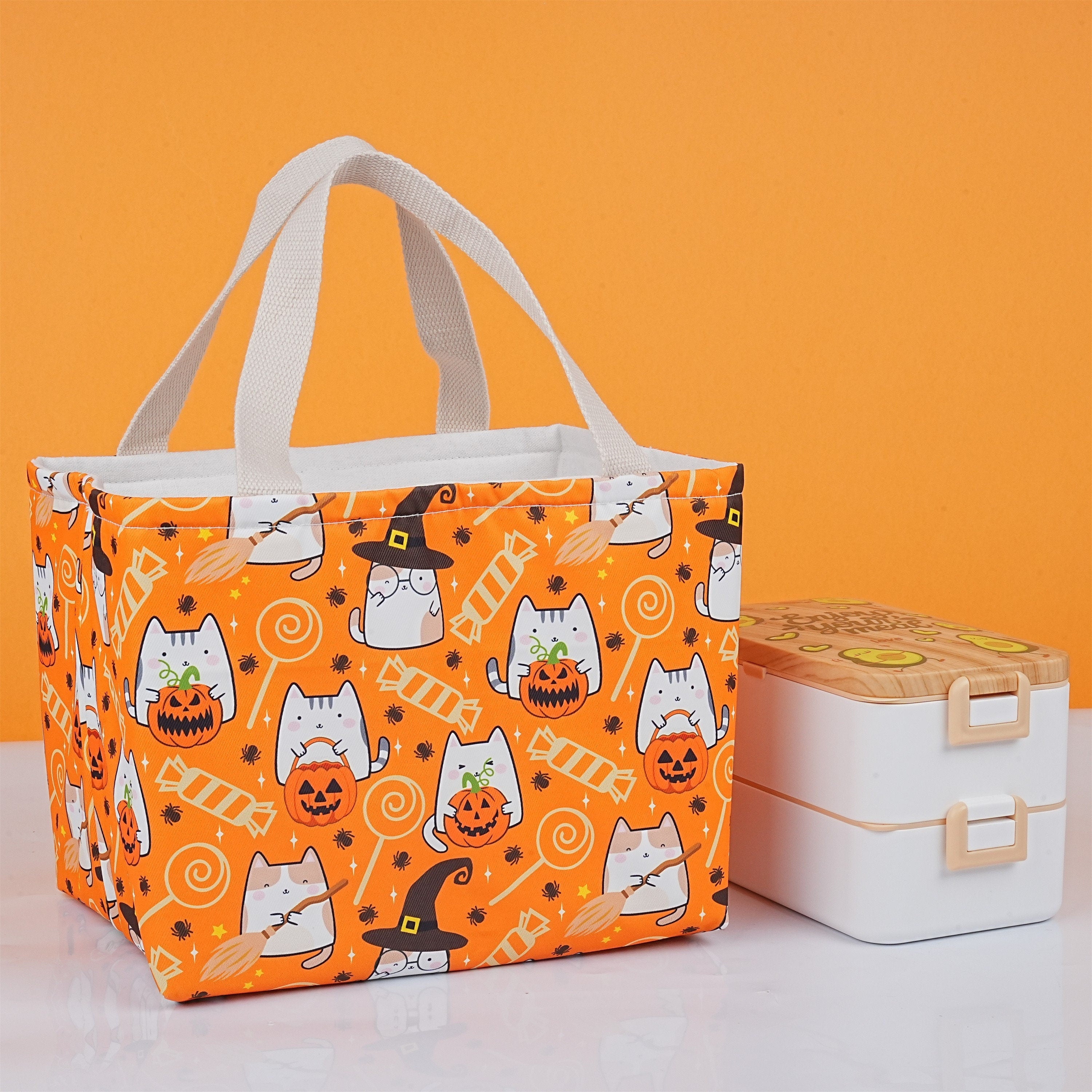 Handmade XL Halloween Pumpkin&Cat Insulated Lunch Bag