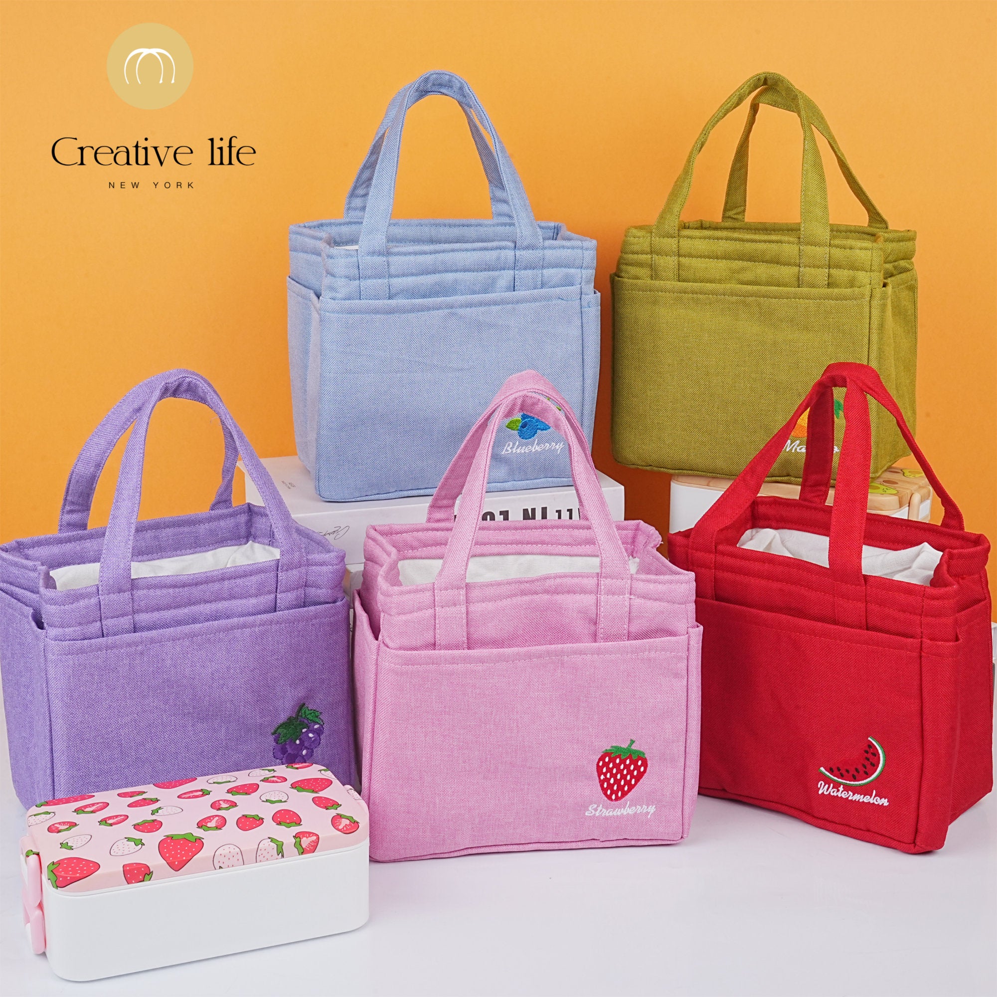 Handmade Embroidered Fruit Pattern Lunch Bag with Heat Insulated