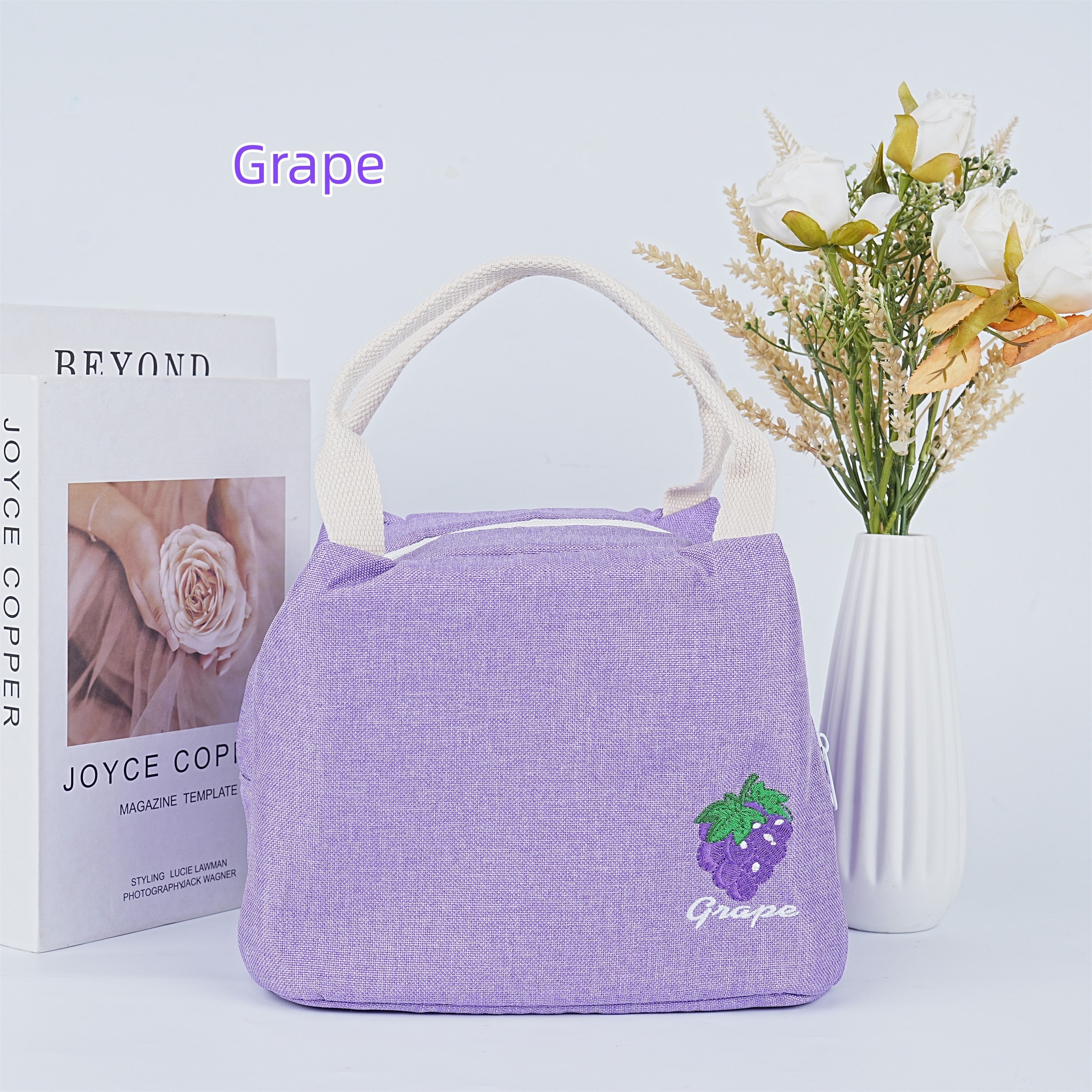 Handmade Embroidered Fruit Pattern Canvas Zipper Lunch Bag