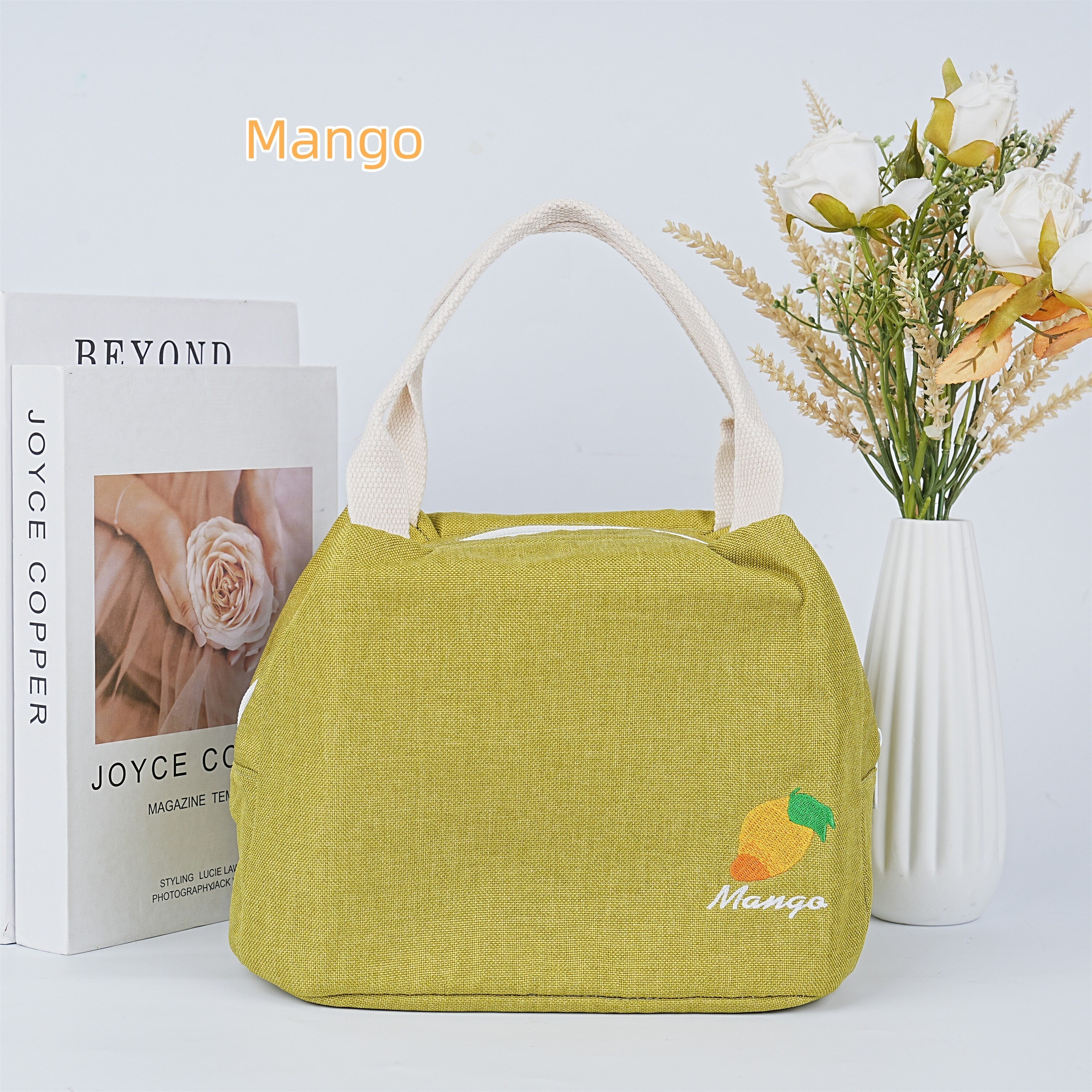 Handmade Embroidered Fruit Pattern Canvas Zipper Lunch Bag