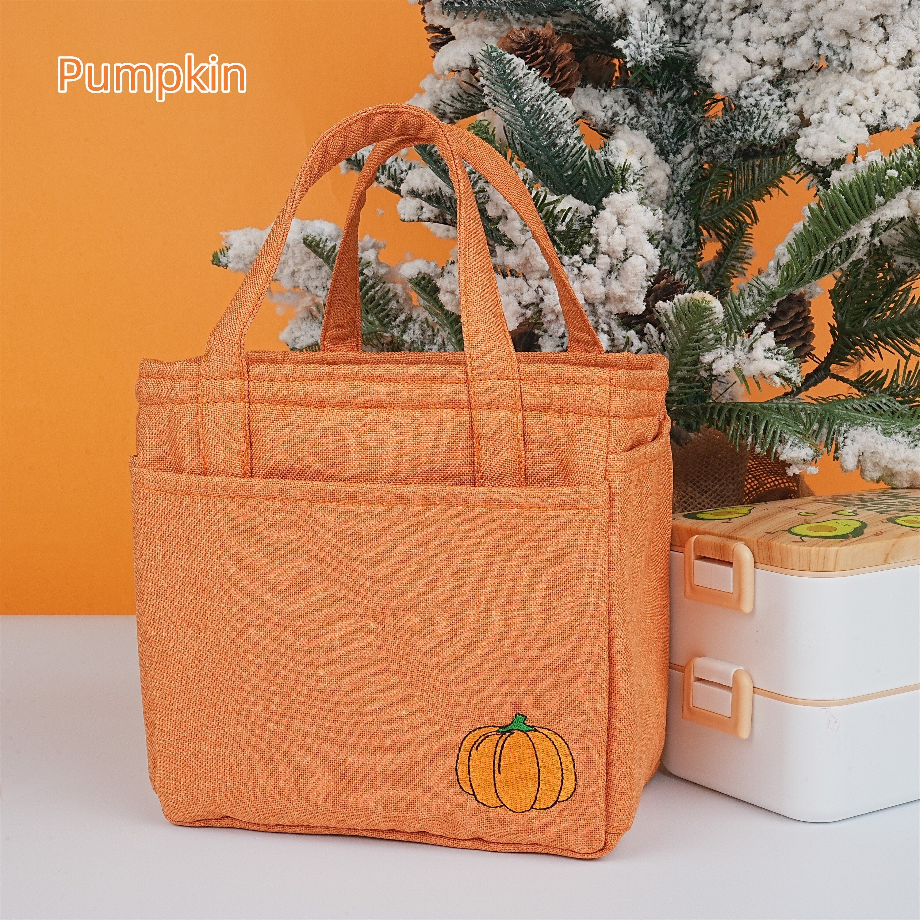 Handmade Embroidered Pumpkin/Tree Pattern Lunch Bag