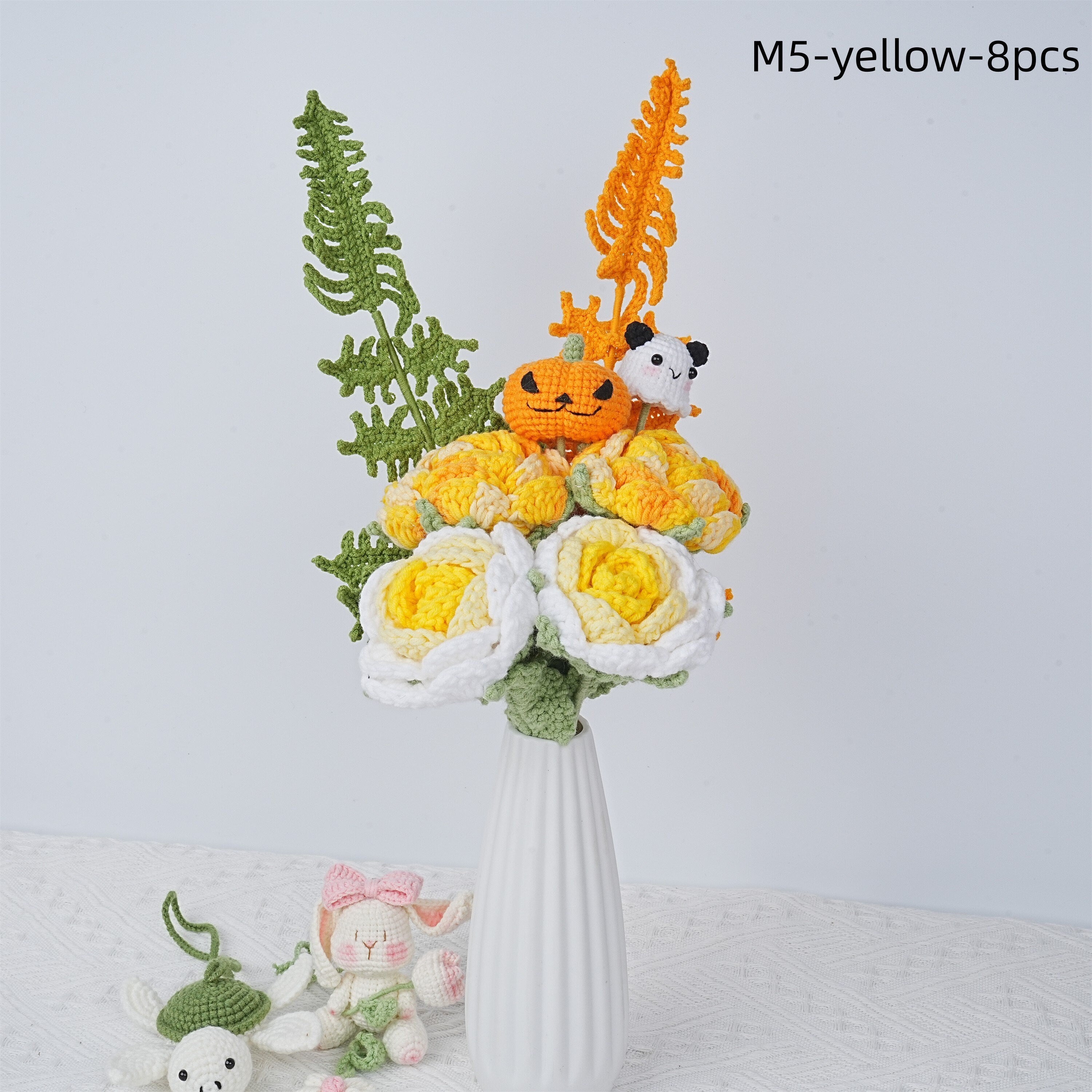 8PCS Handmade Rose Fern Leaf Devil Pumpkin Crochet Bouquet
