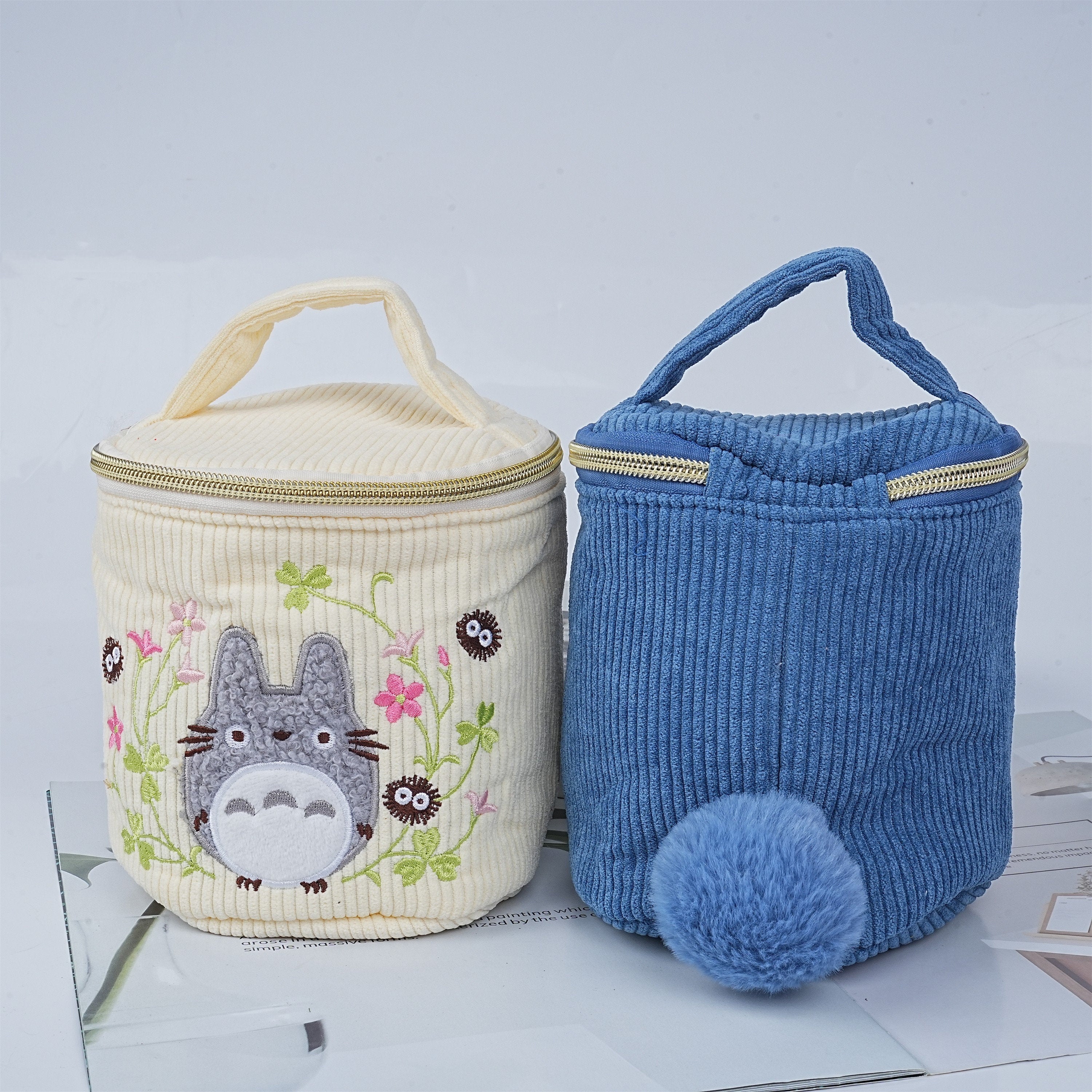 Handmade Cartoon Totoro Corduroy Portable Bucket Cosmetic Bag