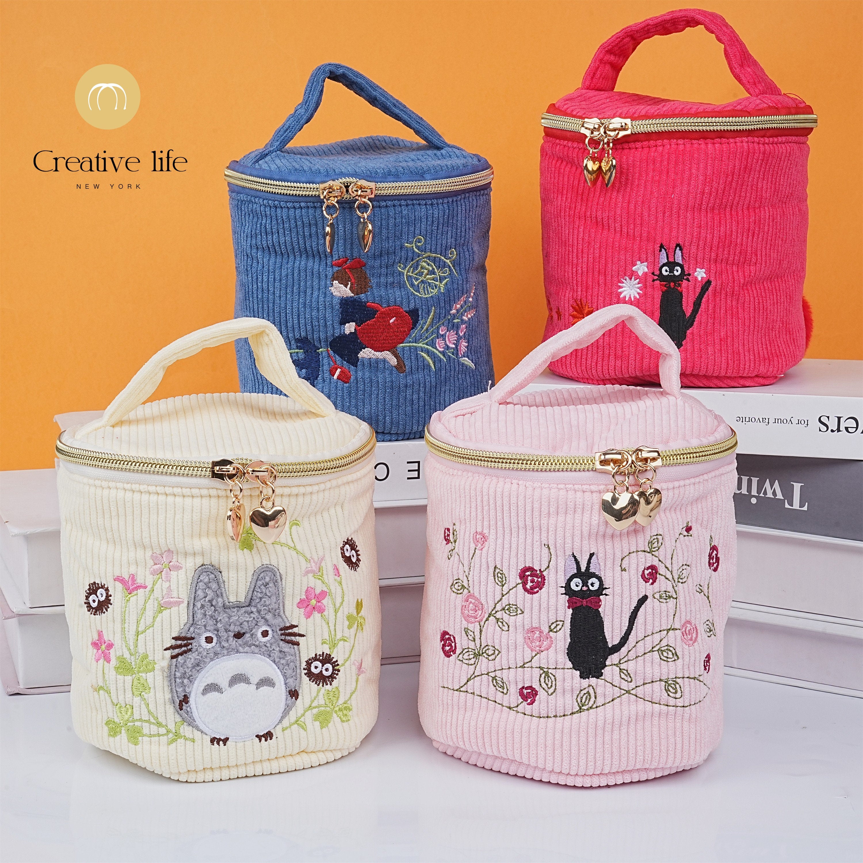 Handmade Cartoon Totoro Corduroy Portable Bucket Cosmetic Bag