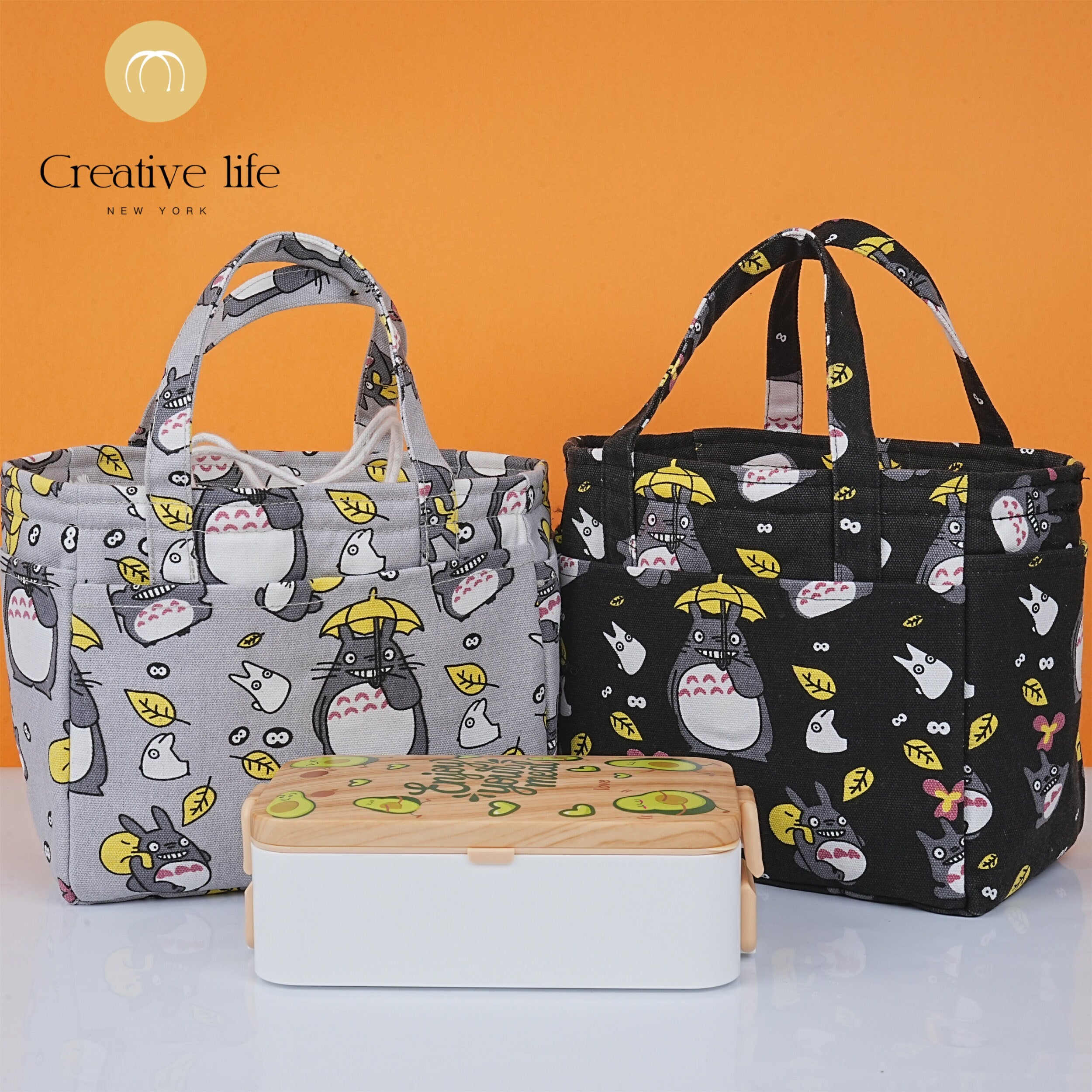 Embroidered Totoro Pattern Canvas Lunch Bag with Heat Insulated
