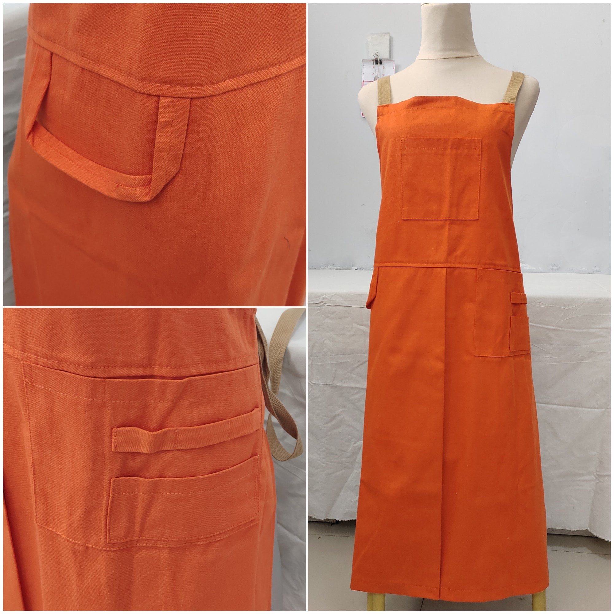 Handmade Adjustable Crossback Canvas Apron with Multiple Pockets&Towel Loop