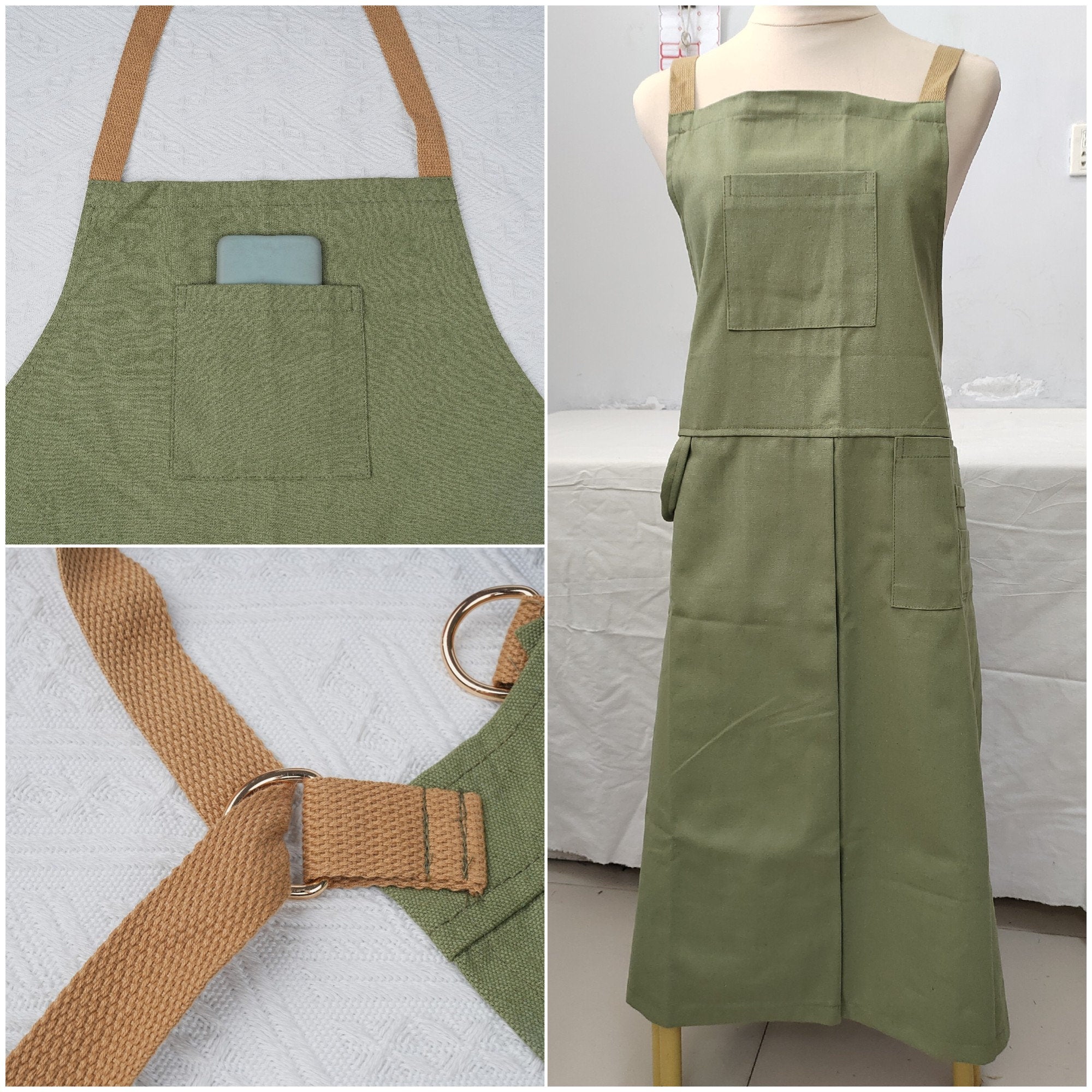 Handmade Adjustable Crossback Canvas Apron with Multiple Pockets&Towel Loop