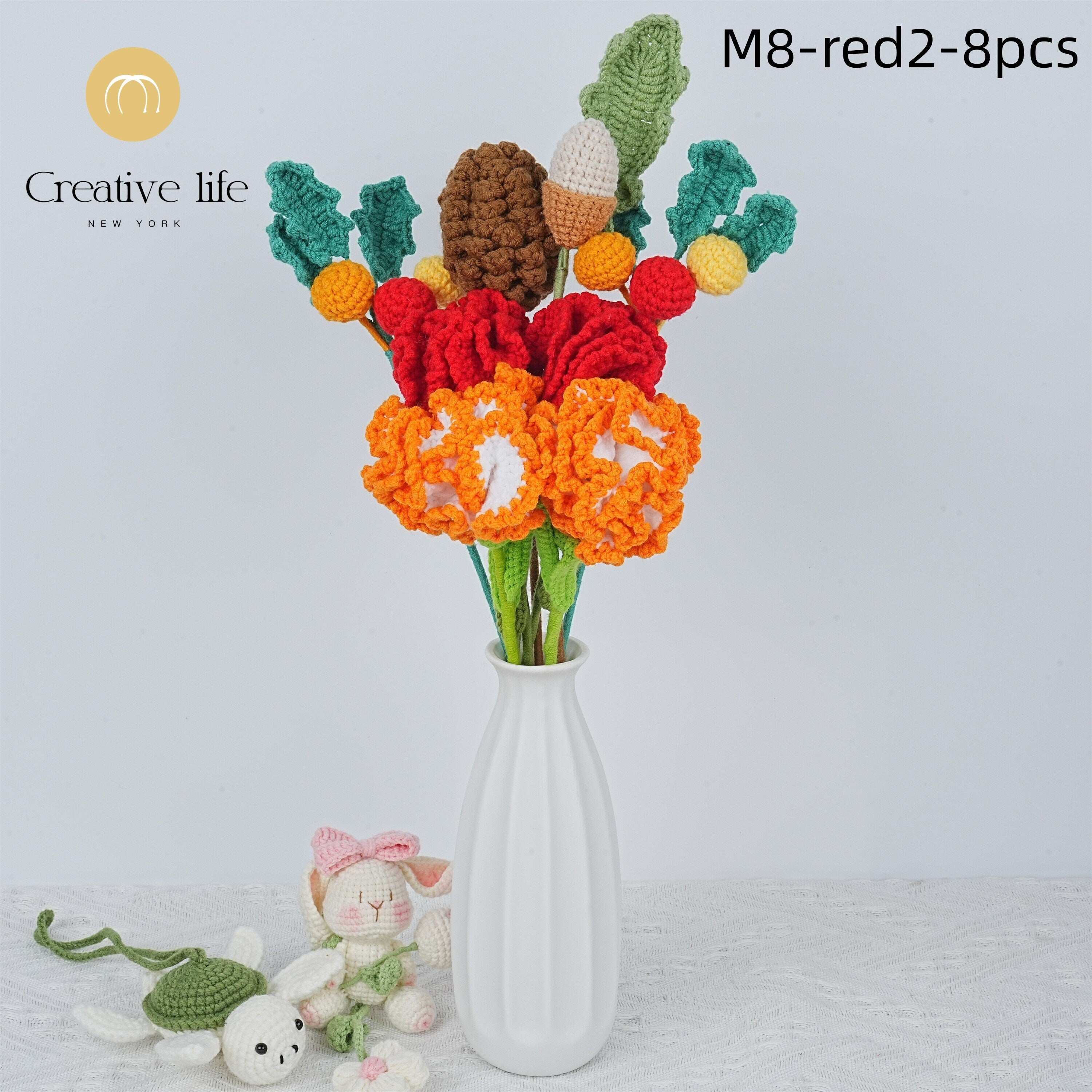 8PCS Handmade Pinecone/Greeny/Carnation Crochet Bouquet