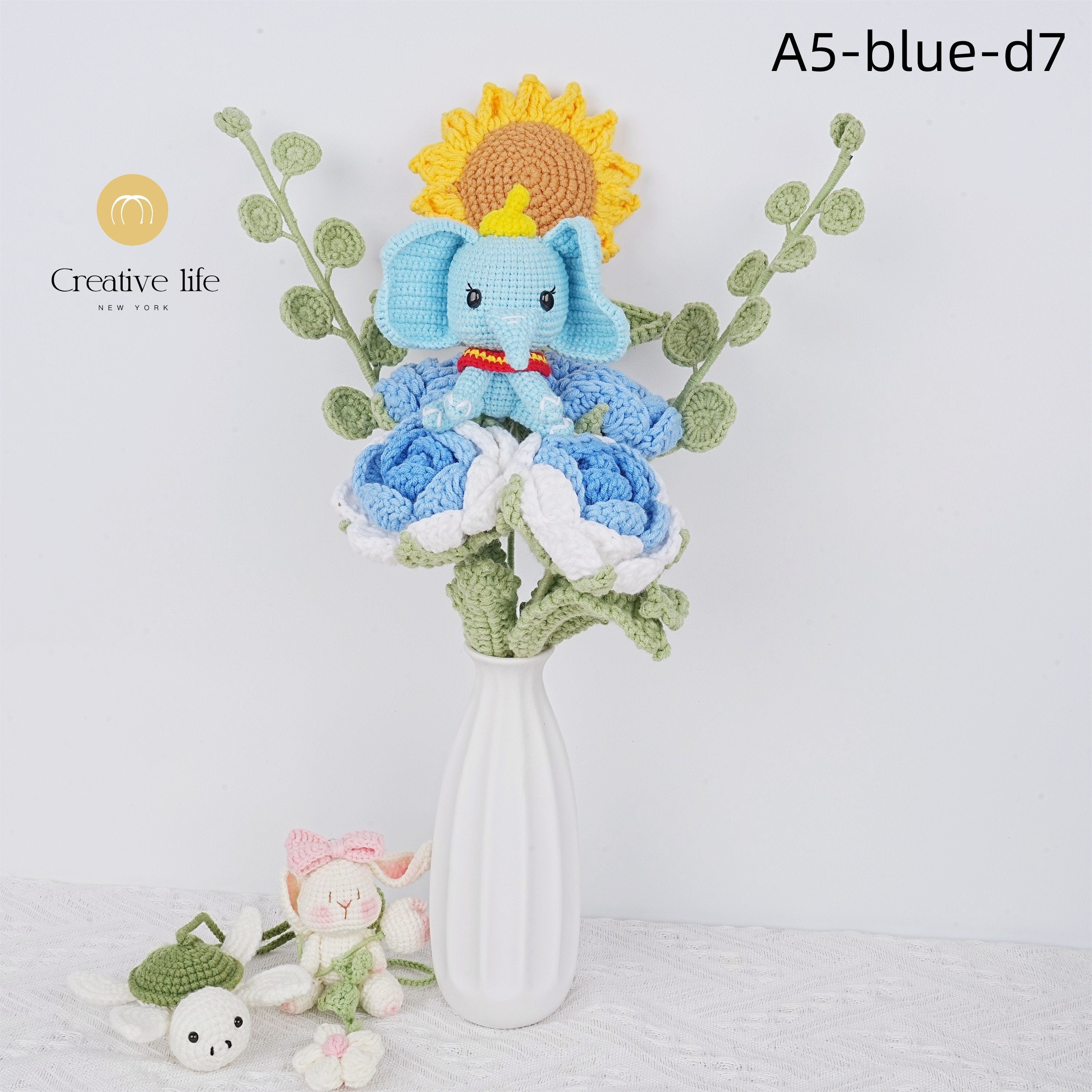 8PCS Handmade Roses Sunflower&Crochet Elephant/Rabbit/Turtle Dolls Crochet Bouquet