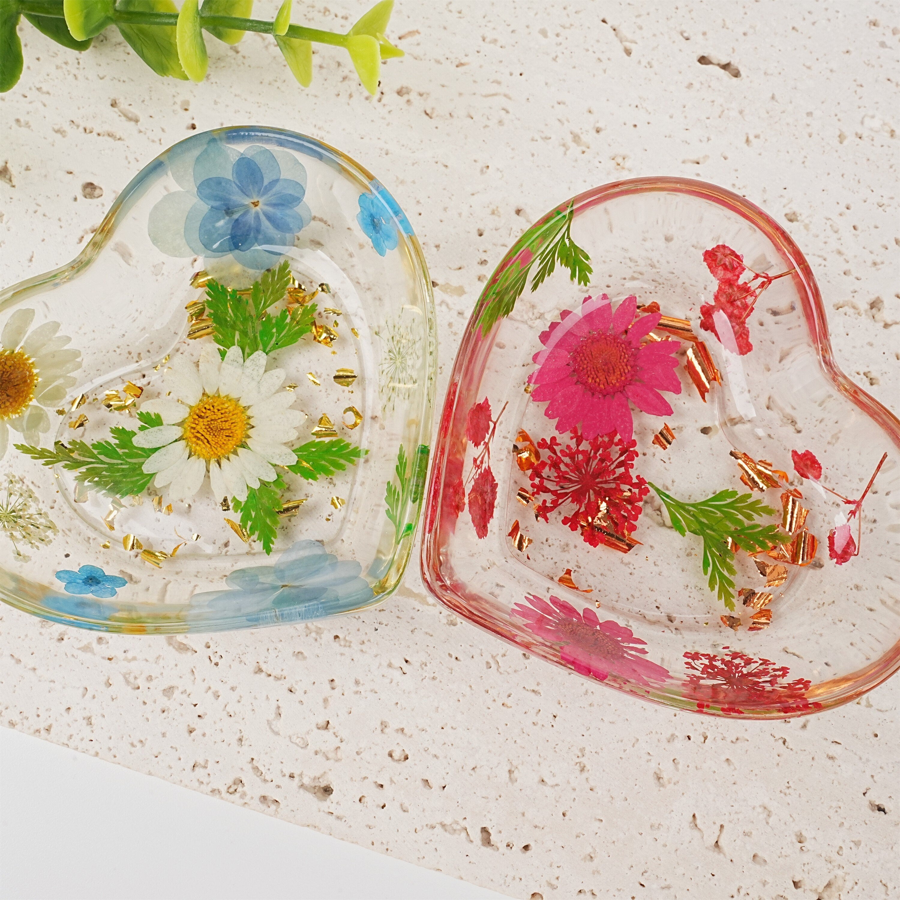 Heart Shaped Resin Ring Dish with Real Dried Flowers