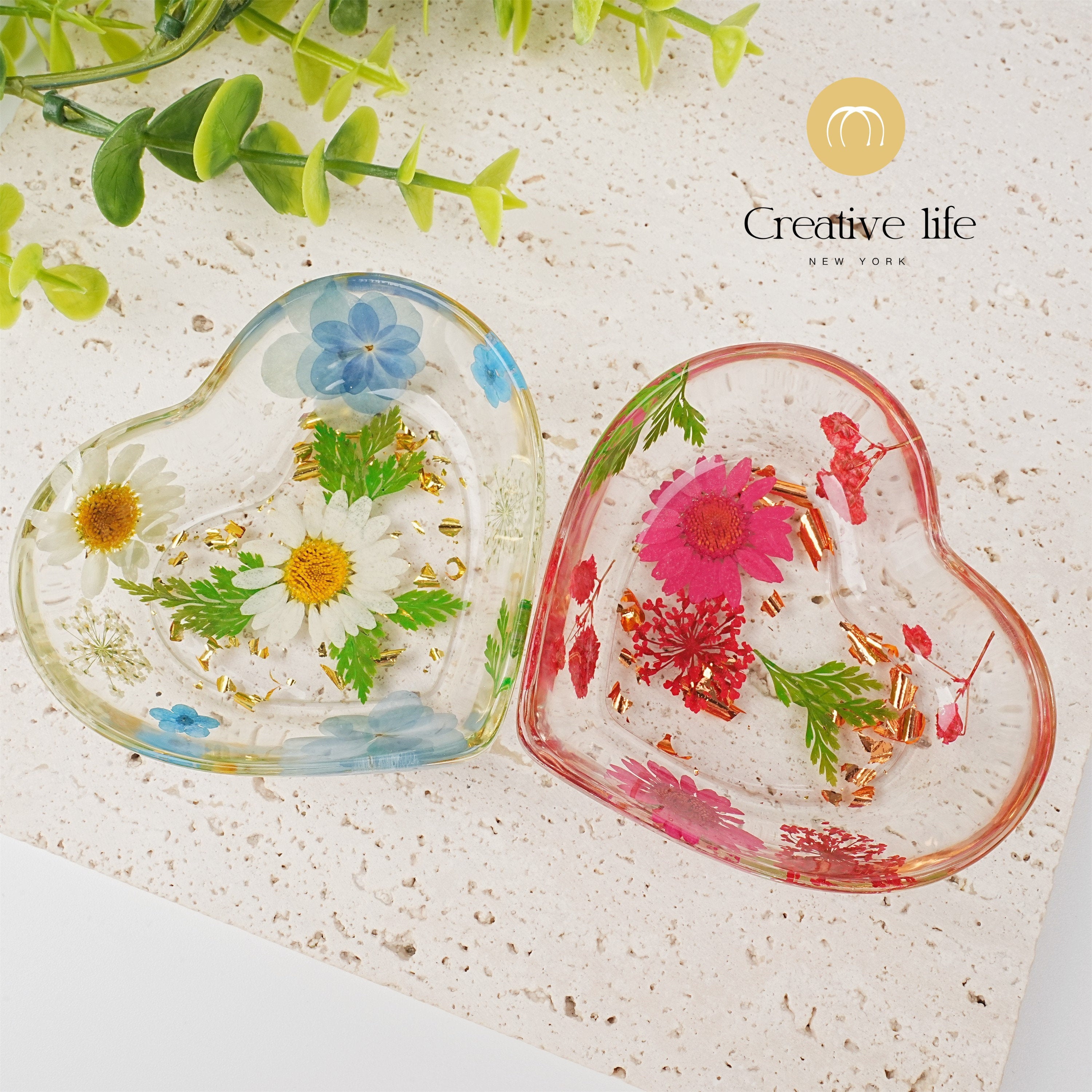 Heart Shaped Resin Ring Dish with Real Dried Flowers
