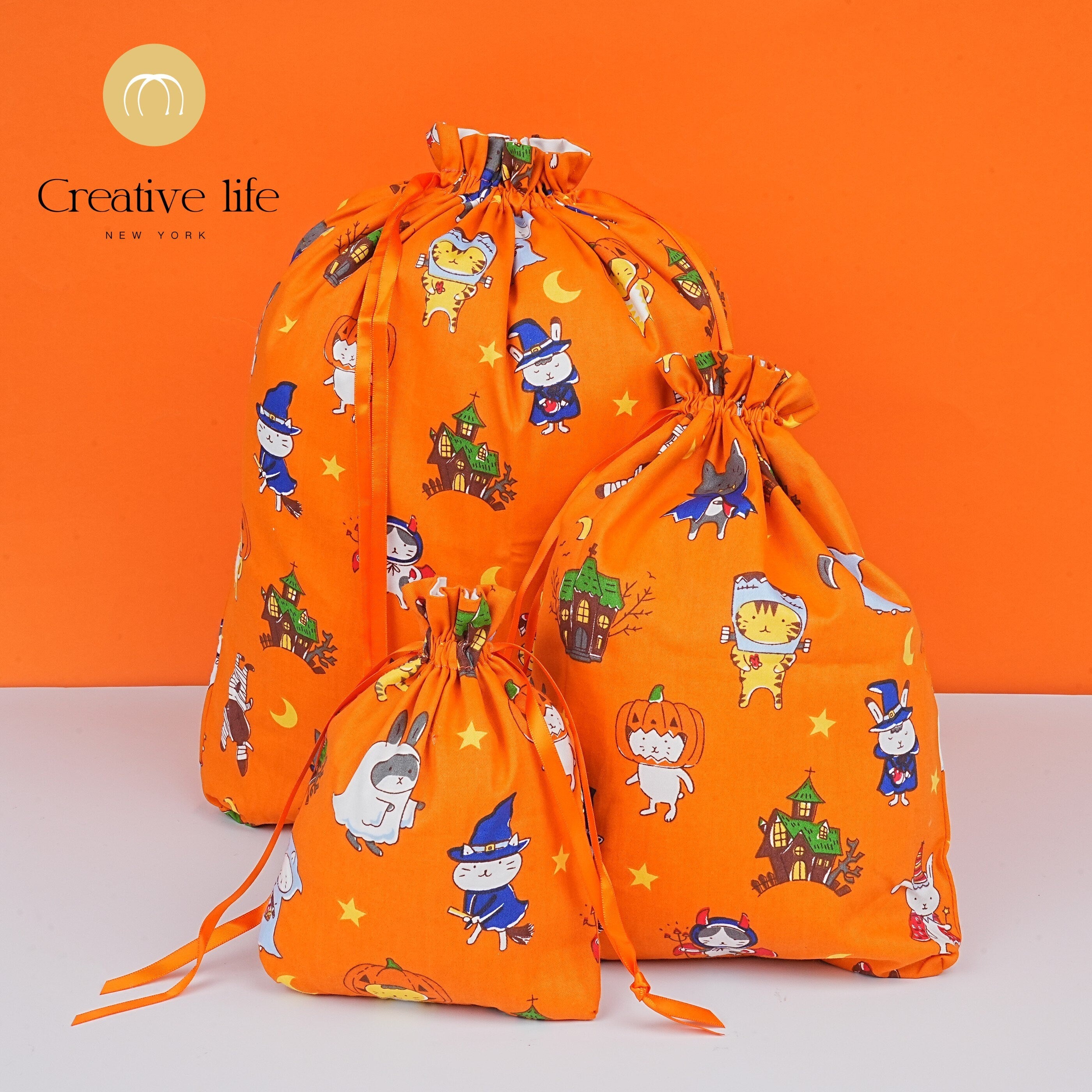 Orange Halloween Animal-themed Cotton Drawstring Gift Bags