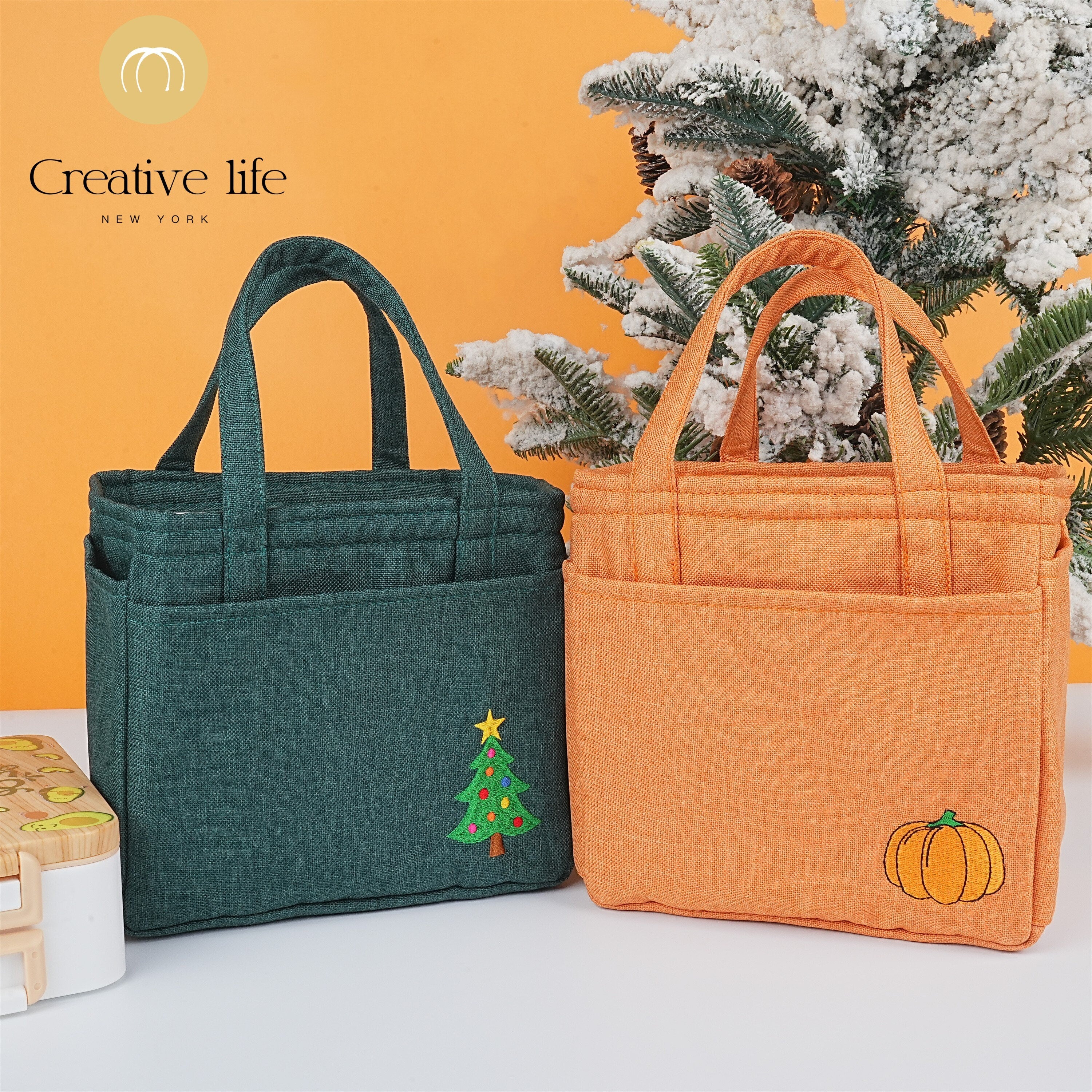 Handmade Embroidered Pumpkin/Tree Pattern Lunch Bag
