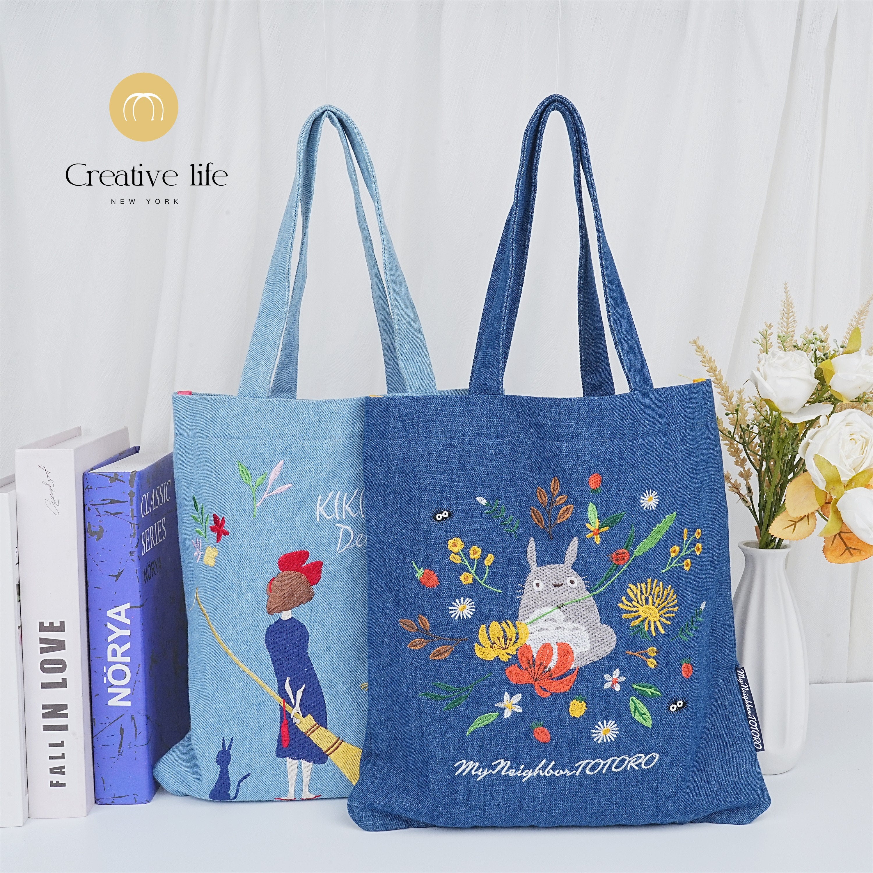 Embroidered Kiki's Delivery Service/My neighbor Totoro Denim Canvas Tote Bag