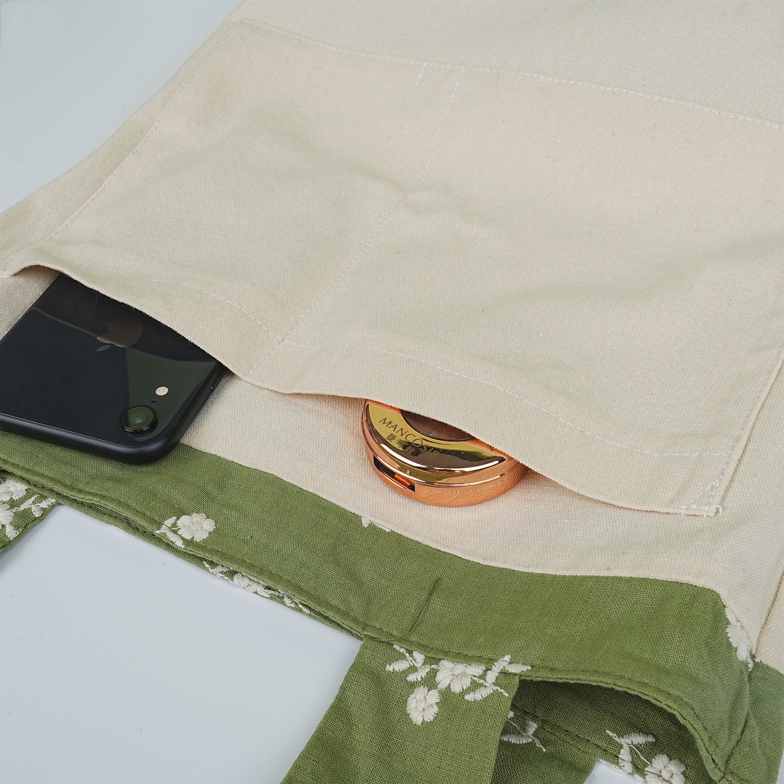 Green Daisy Embroidered Linen Tote Bag