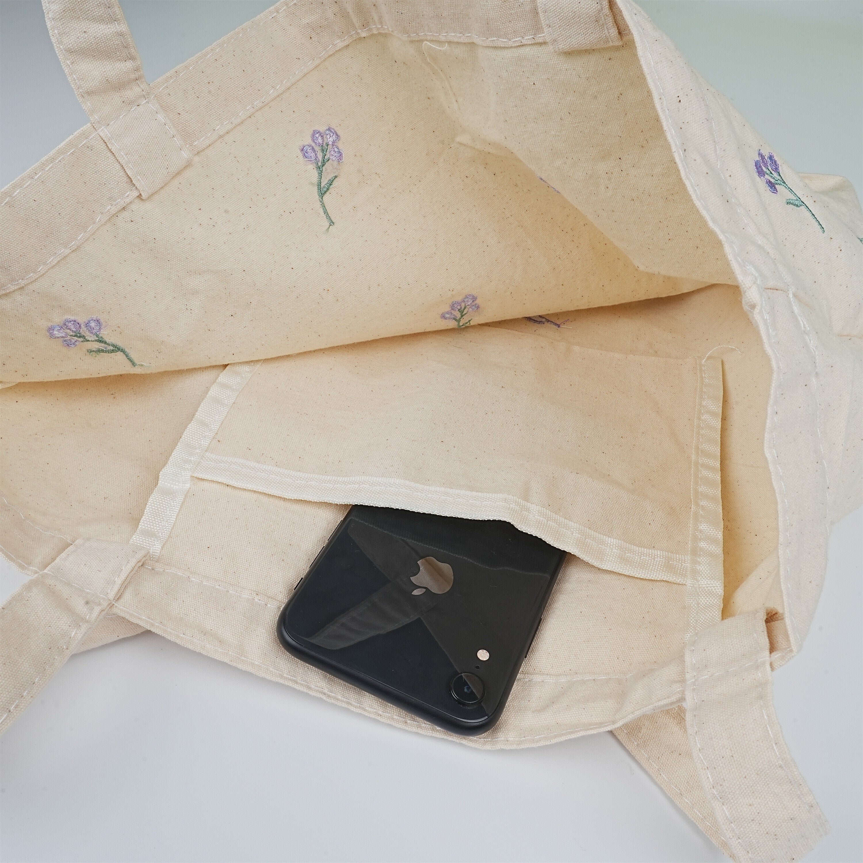 Handamde Embroidered Purple Flowers Tote Bag With Inner Pocket