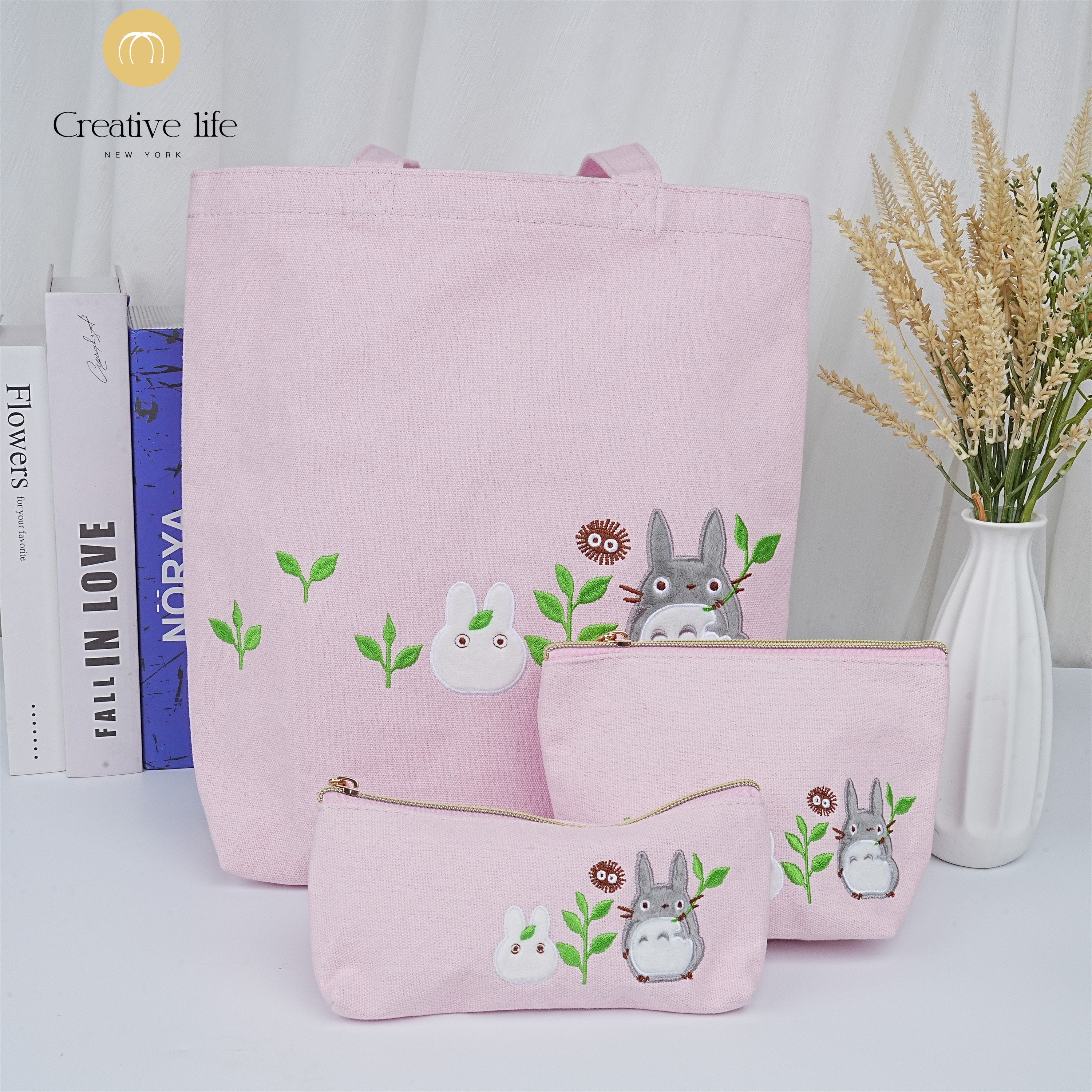 Embroidered Totoro Pink Canvas Cosmetic Bag/Tote Bag
