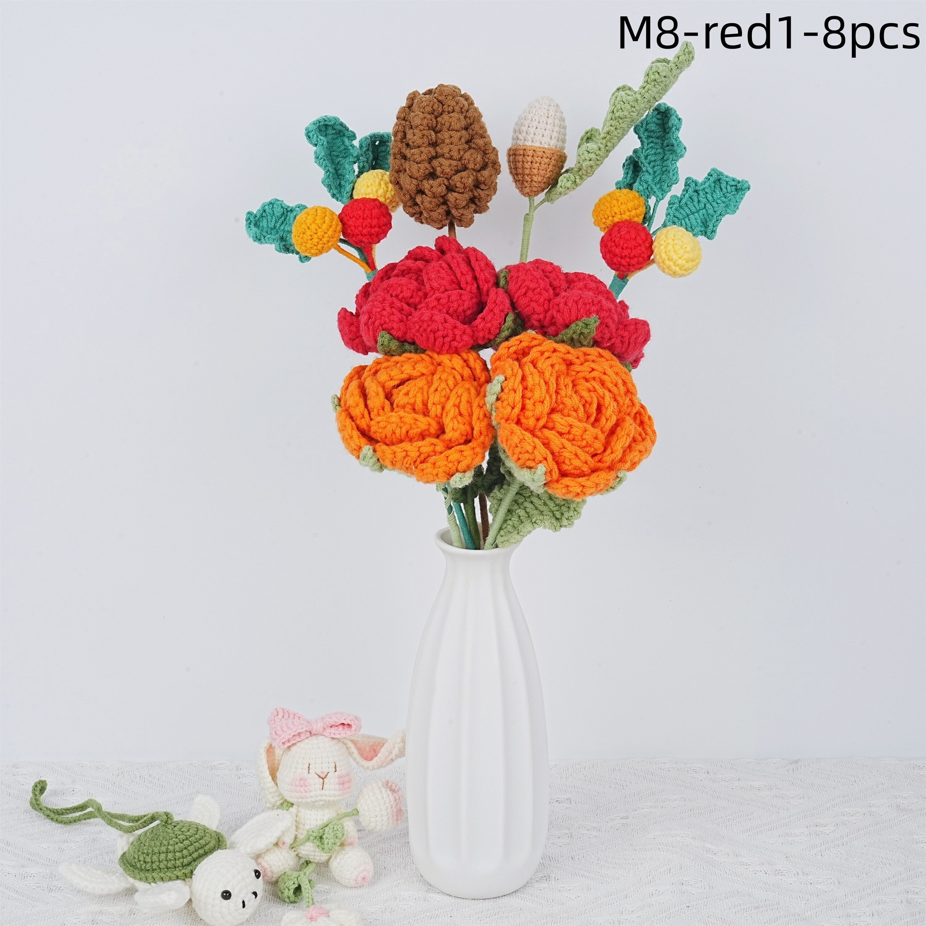 8PCS Handmade Pinecone/Greeny/Carnation Crochet Bouquet