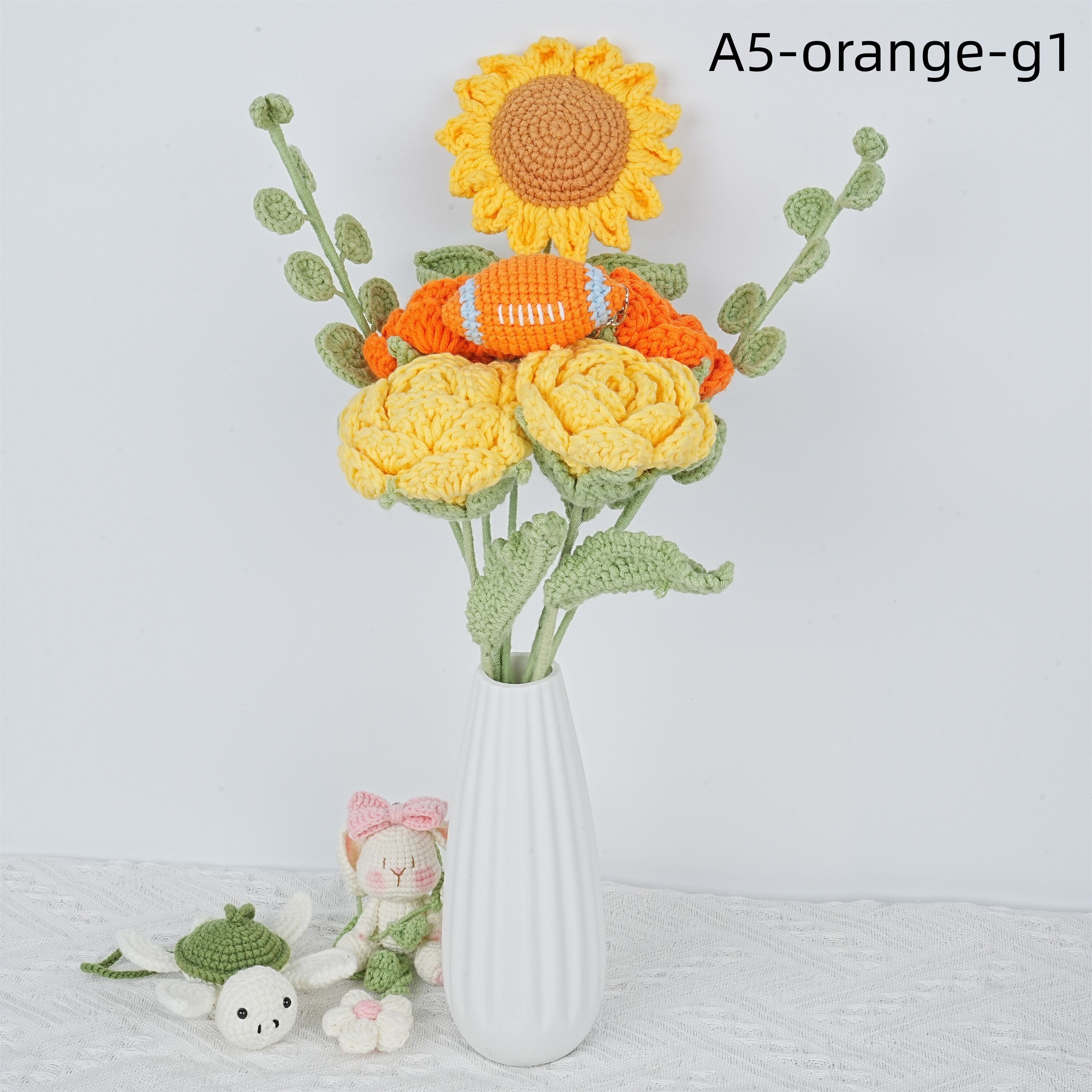 Handmade Knitted Roses Sunflower&Rugby/Basketball Crochet Bouquet