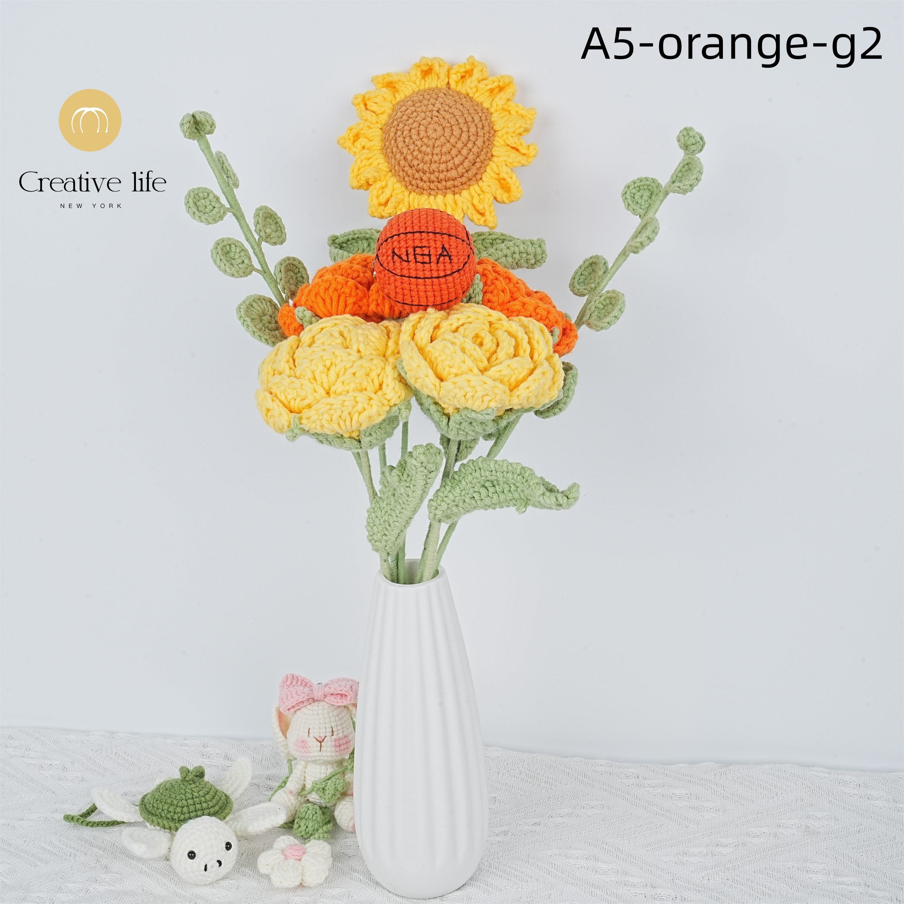 Handmade Knitted Roses Sunflower&Rugby/Basketball Crochet Bouquet