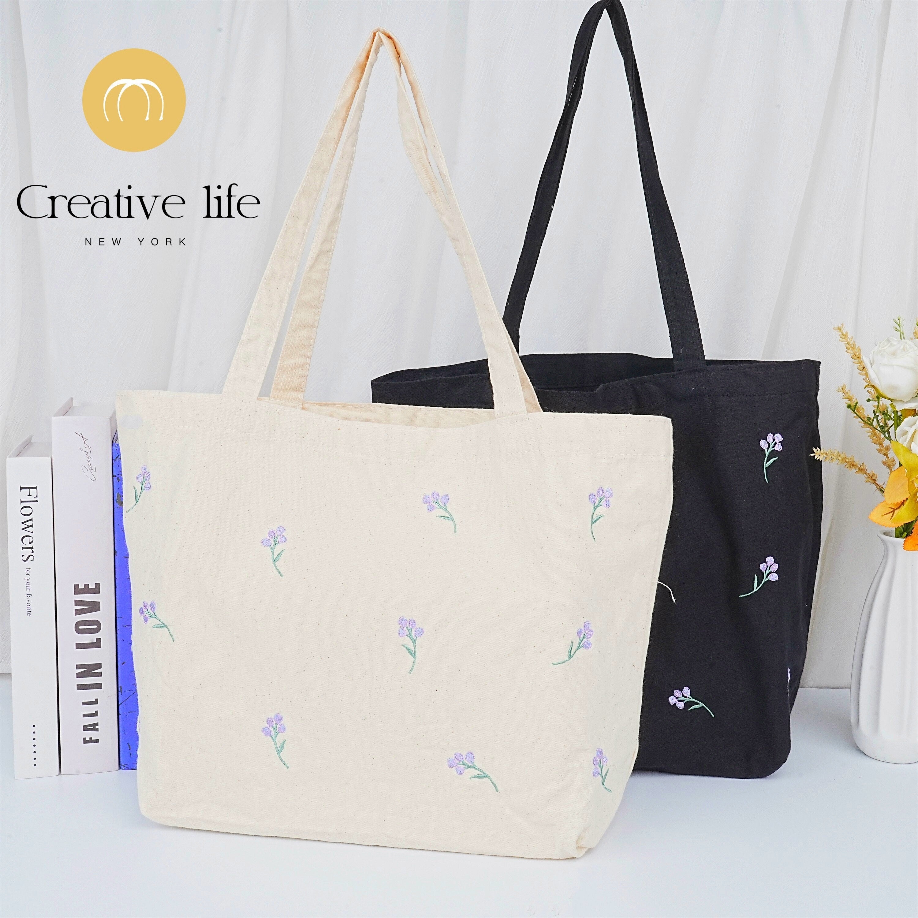 Handamde Embroidered Purple Flowers Tote Bag With Inner Pocket