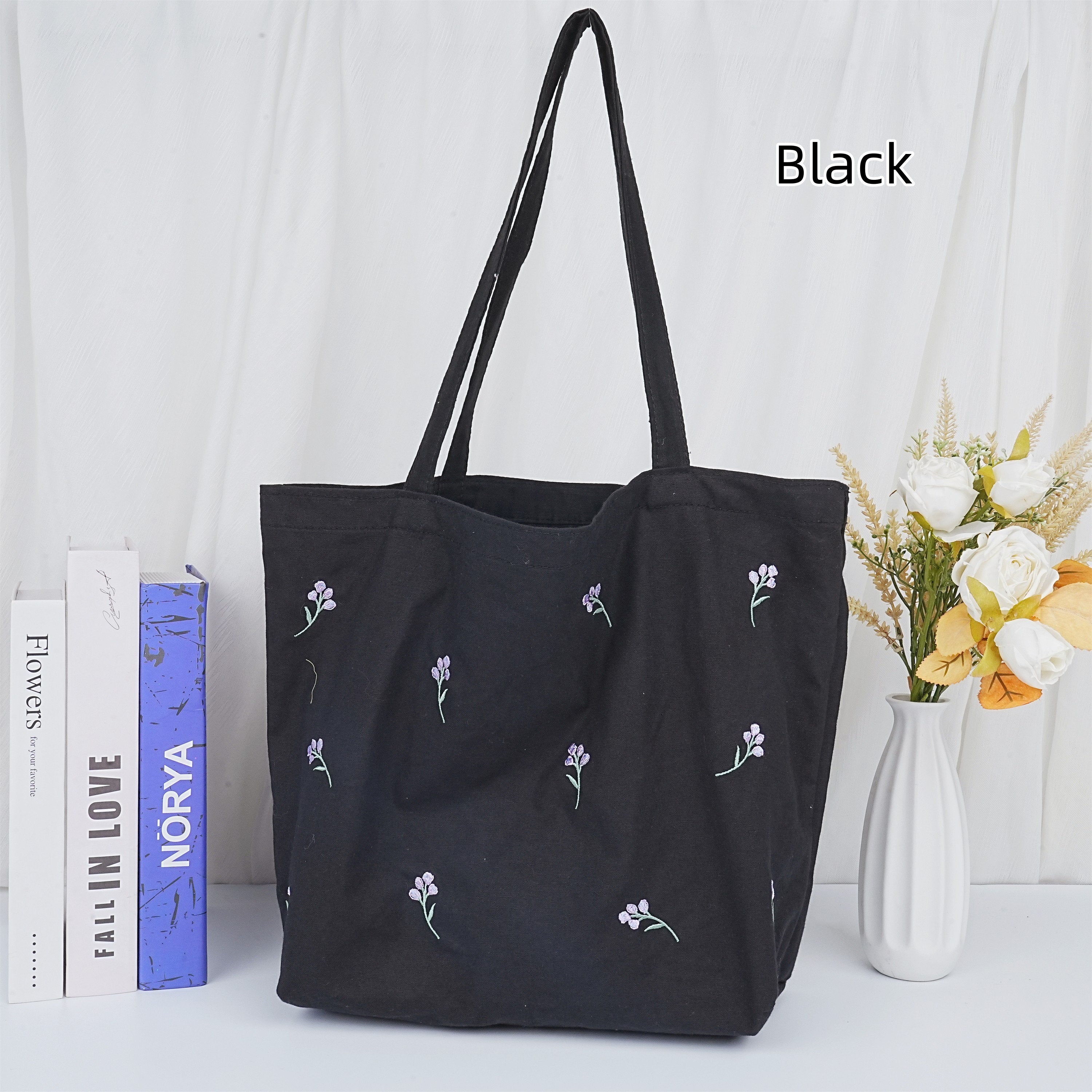 Handamde Embroidered Purple Flowers Tote Bag With Inner Pocket