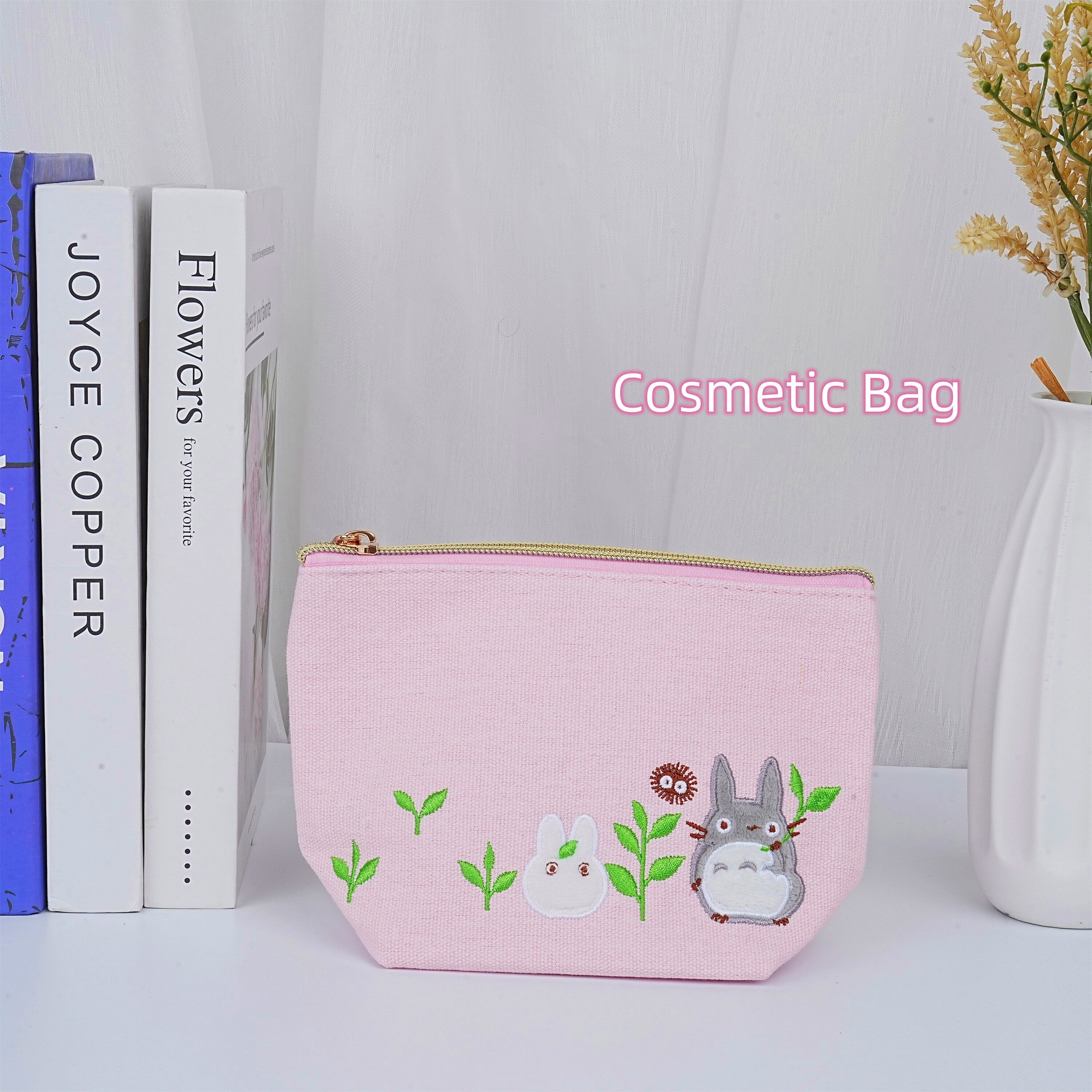 Embroidered Totoro Pink Canvas Cosmetic Bag/Tote Bag