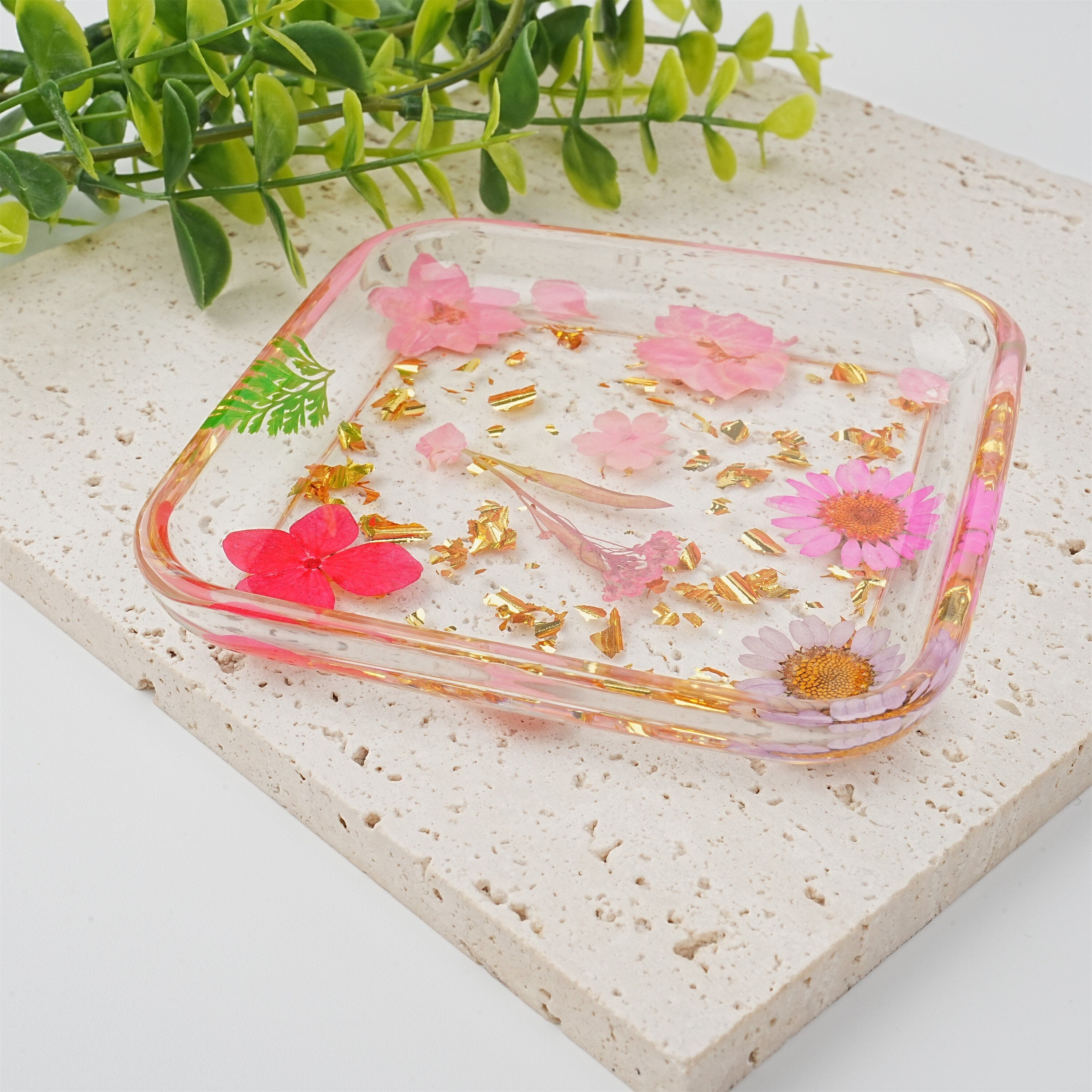 Square Shaped Resin Jewelry Tray with Real Dried Flowers