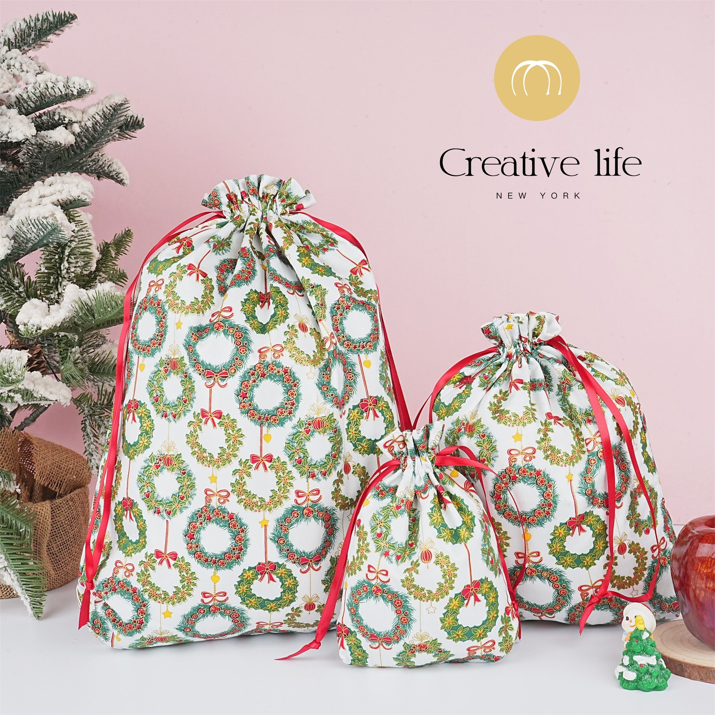 S/M/L Handmade Bronzing Christmas Wreath Green Drawstring Gift Bags