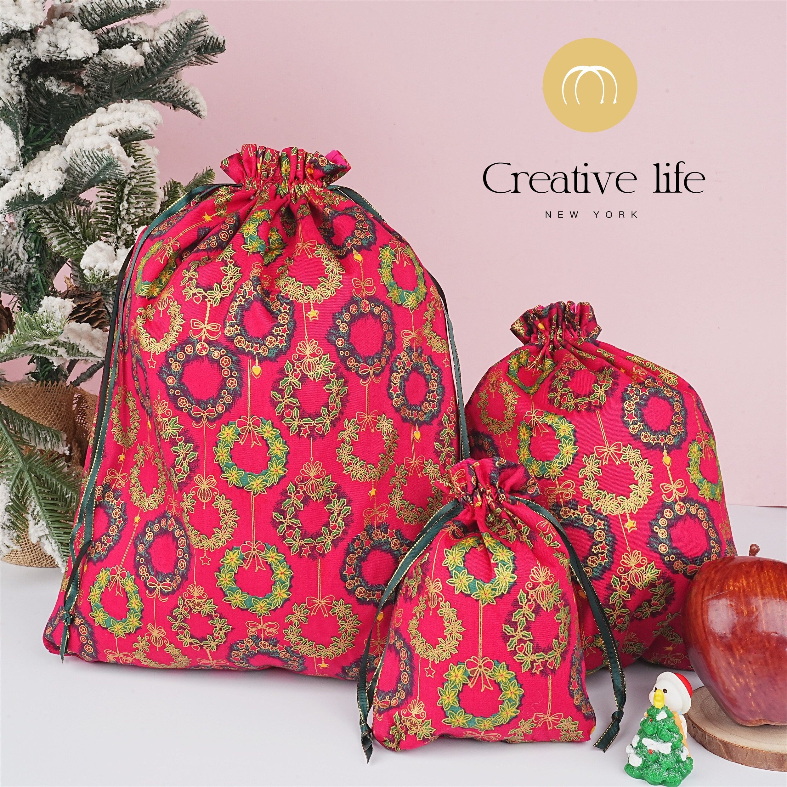 S/M/L Handmade Bronzing Christmas Wreath Red Drawstring Gift Bags