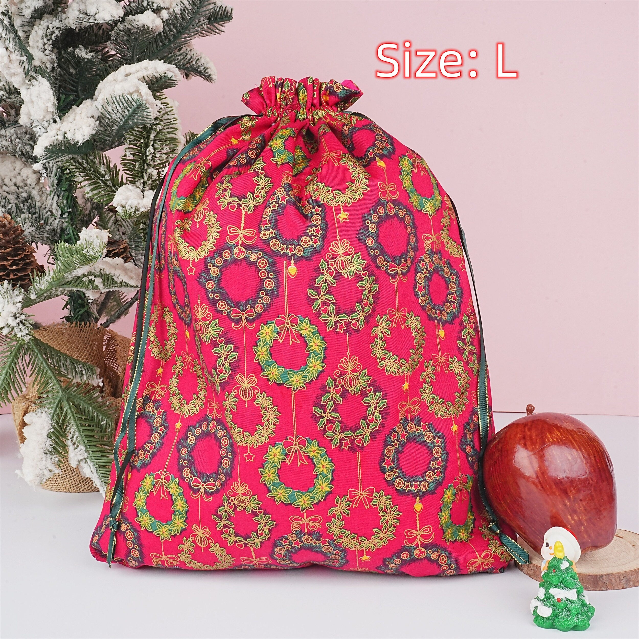 S/M/L Handmade Bronzing Christmas Wreath Red Drawstring Gift Bags