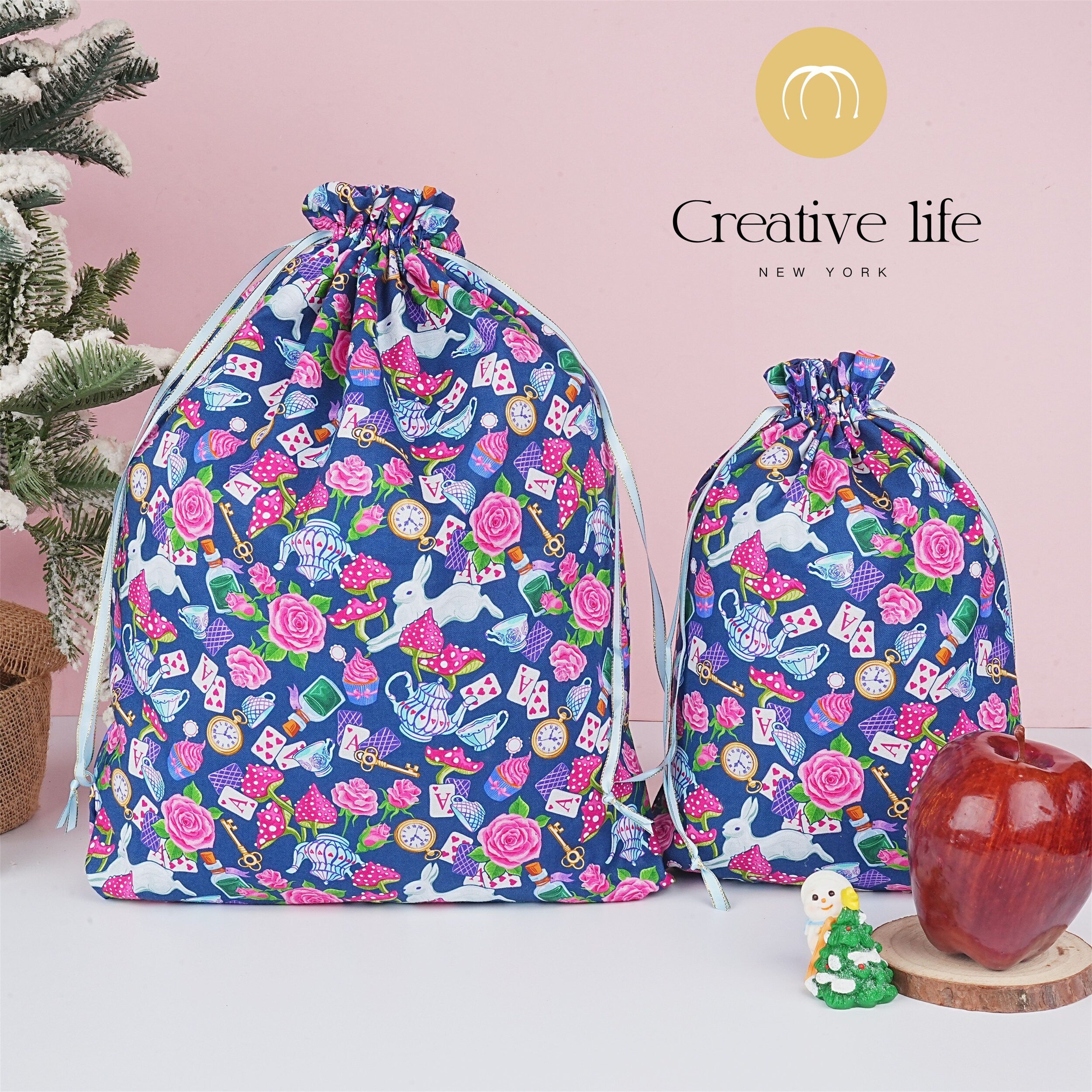 S/M/L Handmade Rabbit Alice Rose Poker Blue Drawstring Gift Bags
