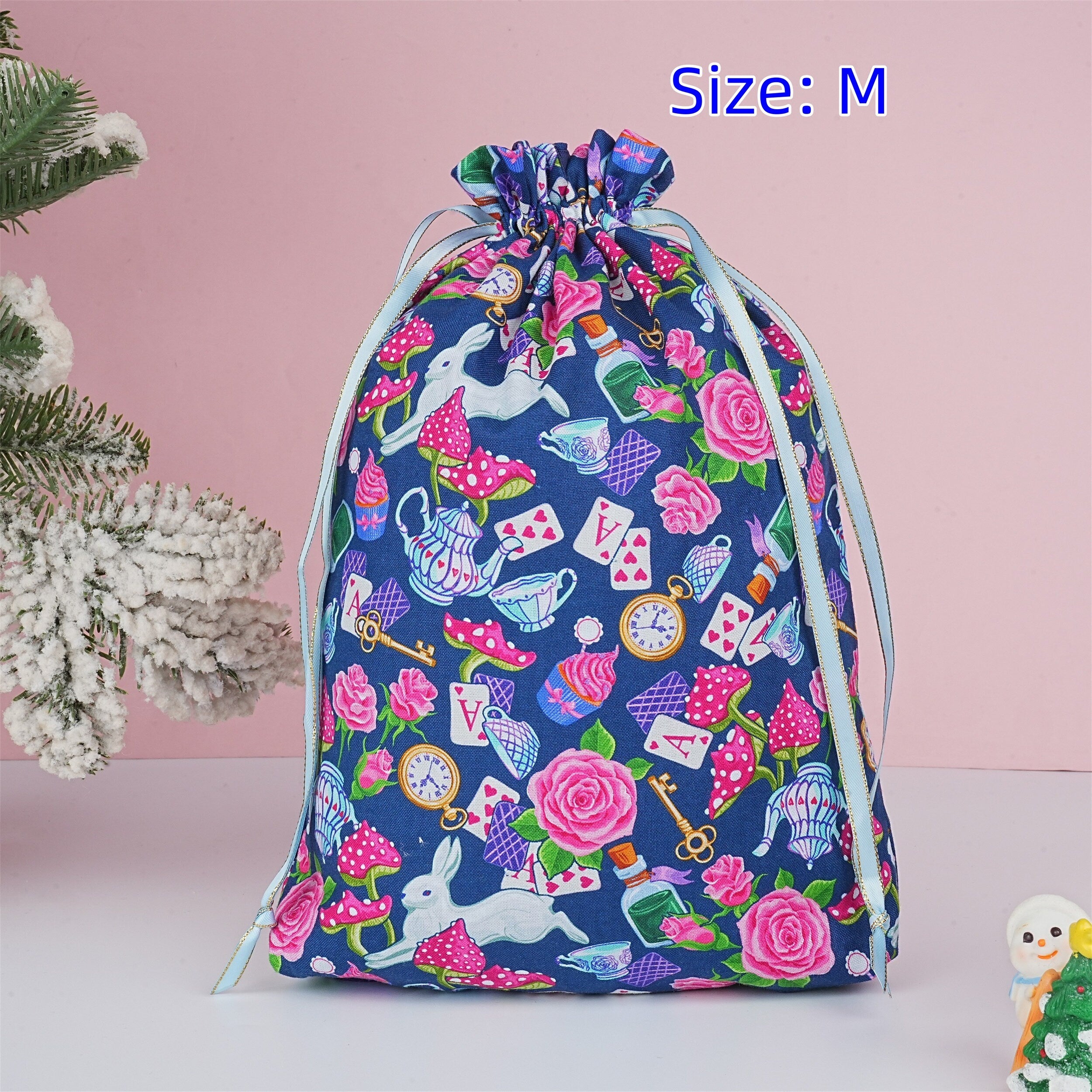 S/M/L Handmade Rabbit Alice Rose Poker Blue Drawstring Gift Bags