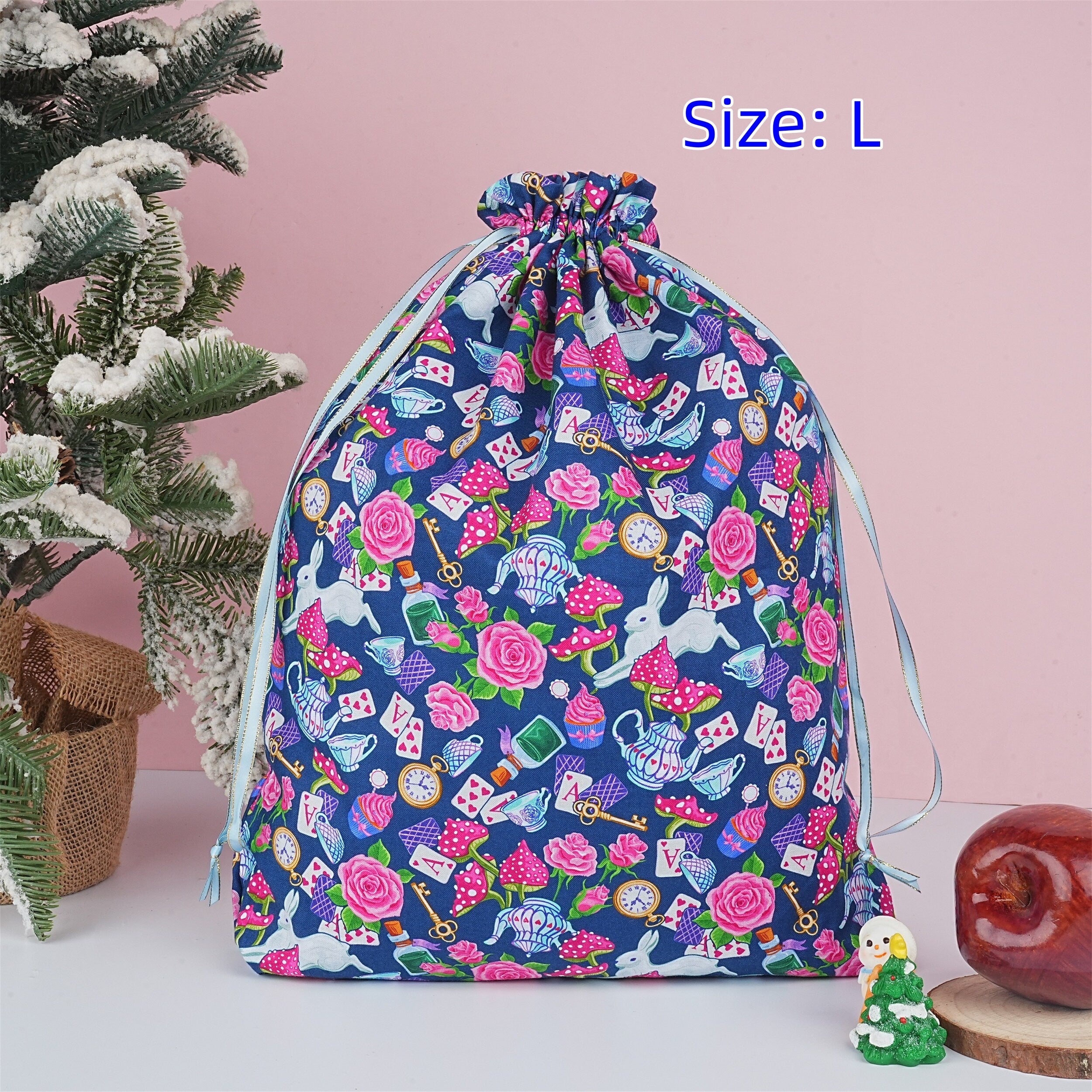 S/M/L Handmade Rabbit Alice Rose Poker Blue Drawstring Gift Bags