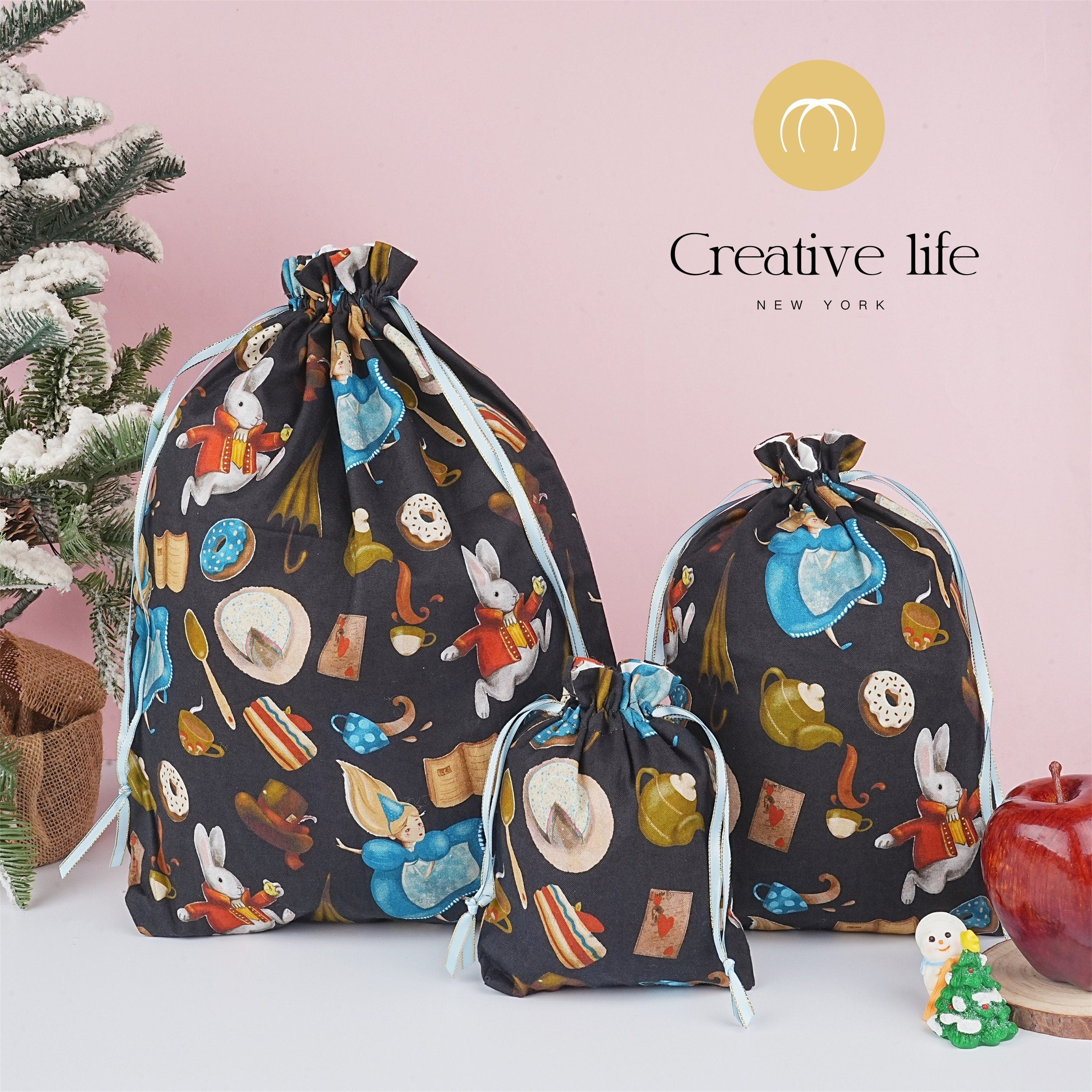 S/M/L Handmade Rabbit Alice Donut Navy Blue Drawstring Gift Bags