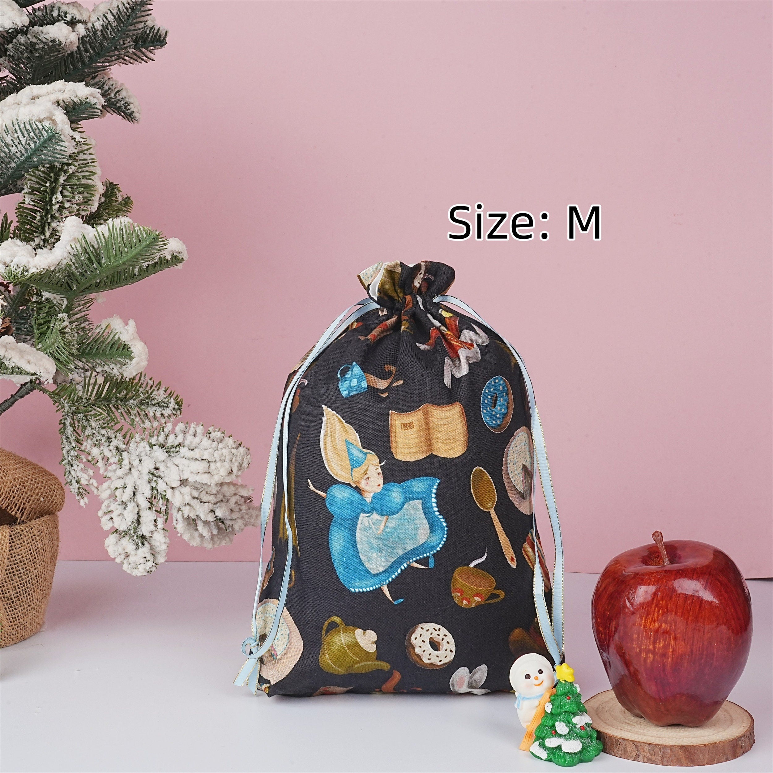 S/M/L Handmade Rabbit Alice Donut Navy Blue Drawstring Gift Bags