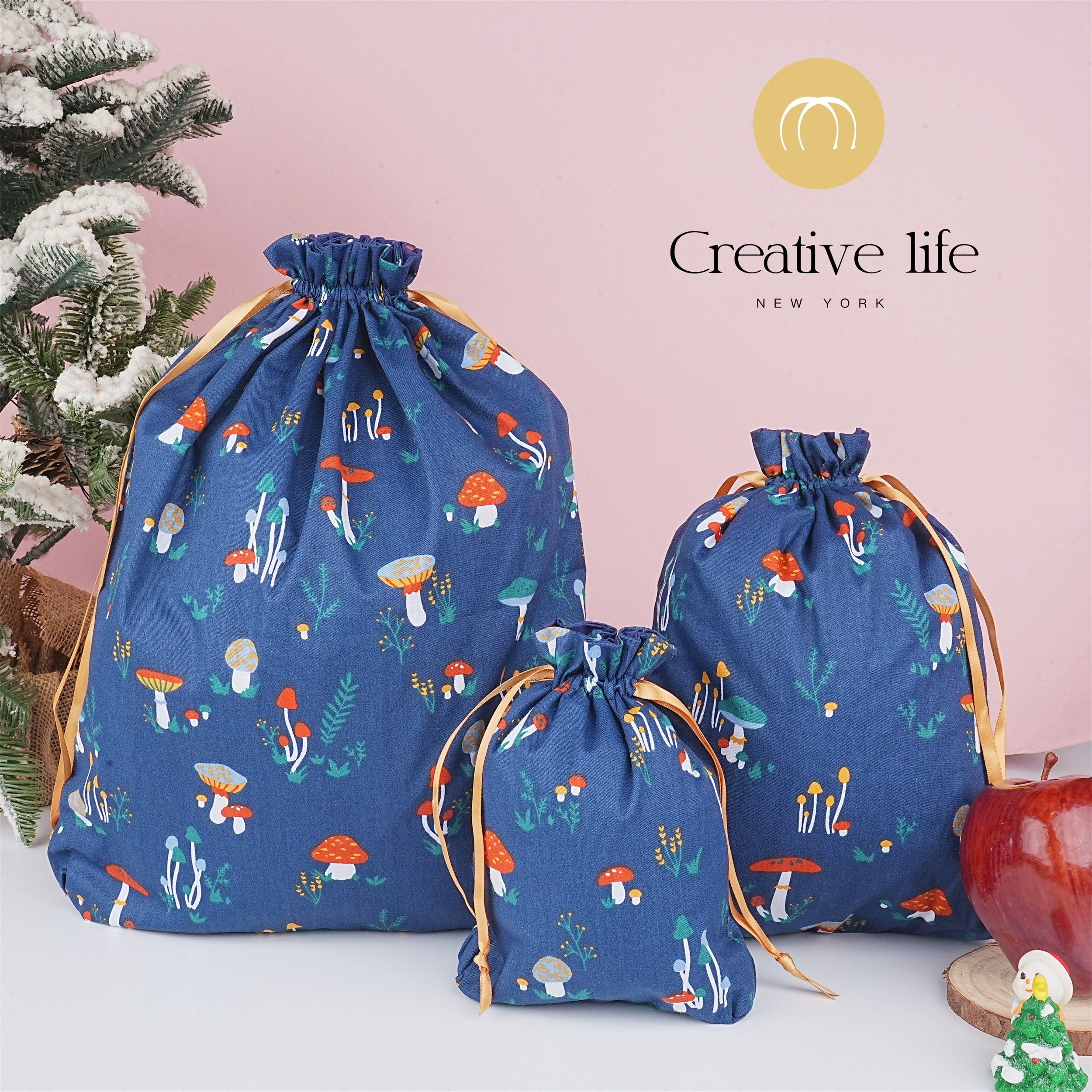 S/M/L Handmade Mushroom Blue Drawstring Gift Bags