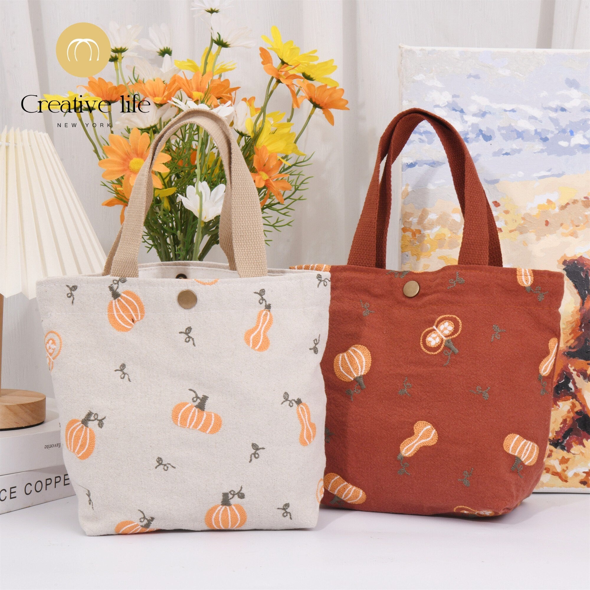 Handmade Small Pumpkin Embroidery Cotton Linen Tote Bag