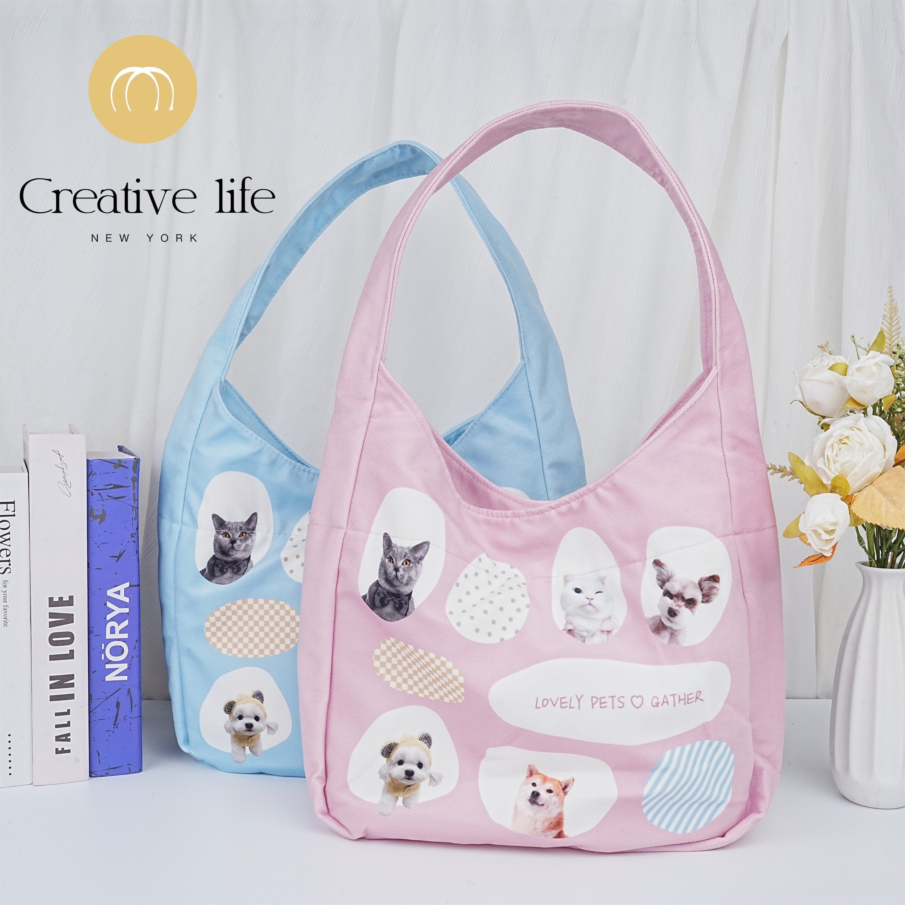 Lovely pets print Hobo Bag,Pink/Blue Handbag