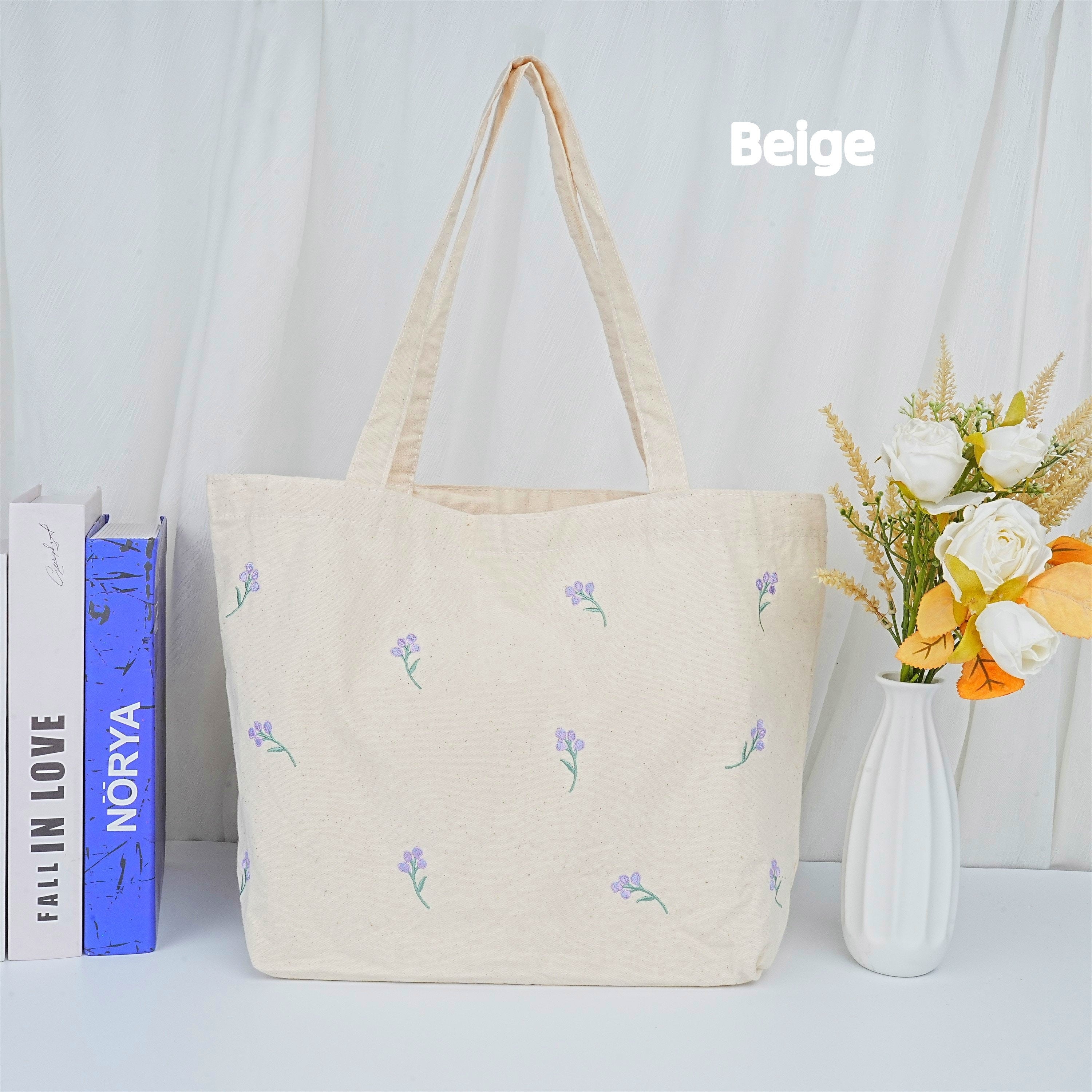 Handamde Embroidered Purple Flowers Tote Bag With Inner Pocket
