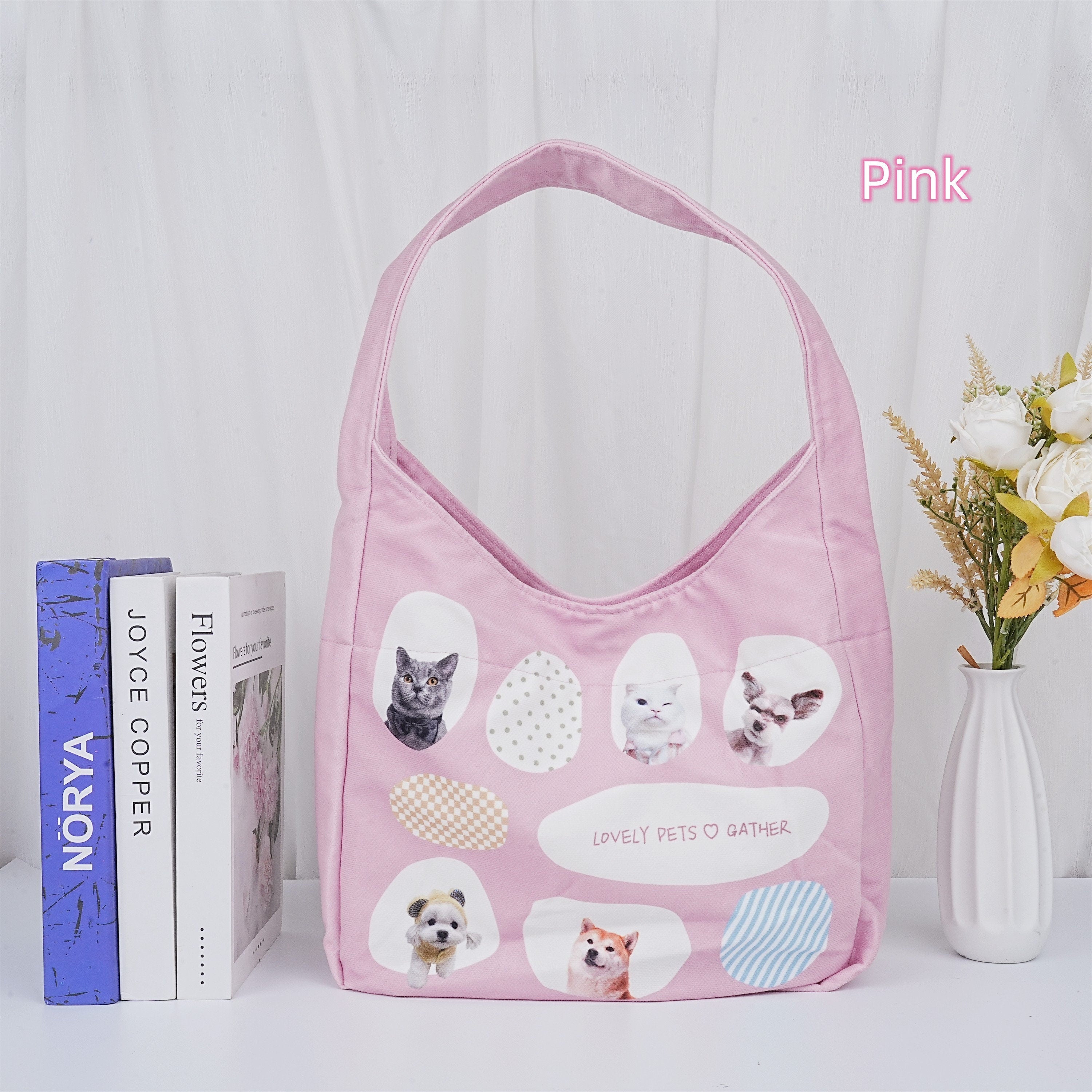 Lovely pets print Hobo Bag,Pink/Blue Handbag