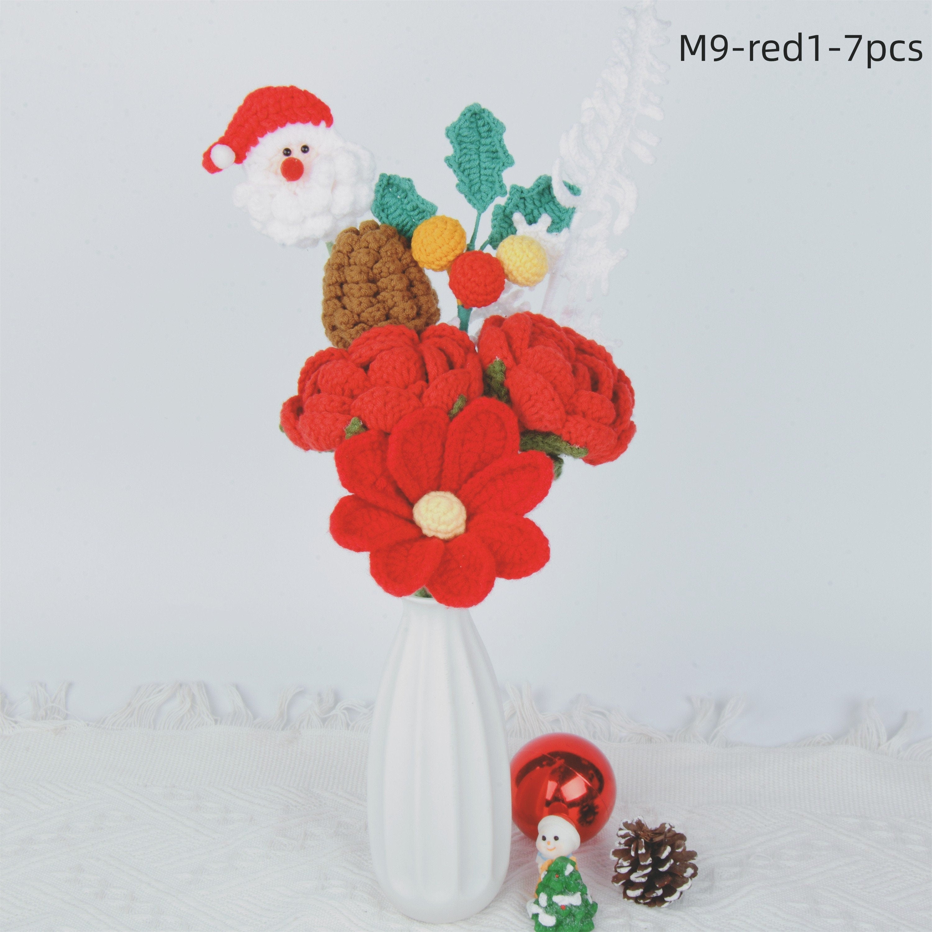 7PCS Handmade Santa Claus/Rose/Pinecone/Fern/Gesang Flowers Crochet Bouquet