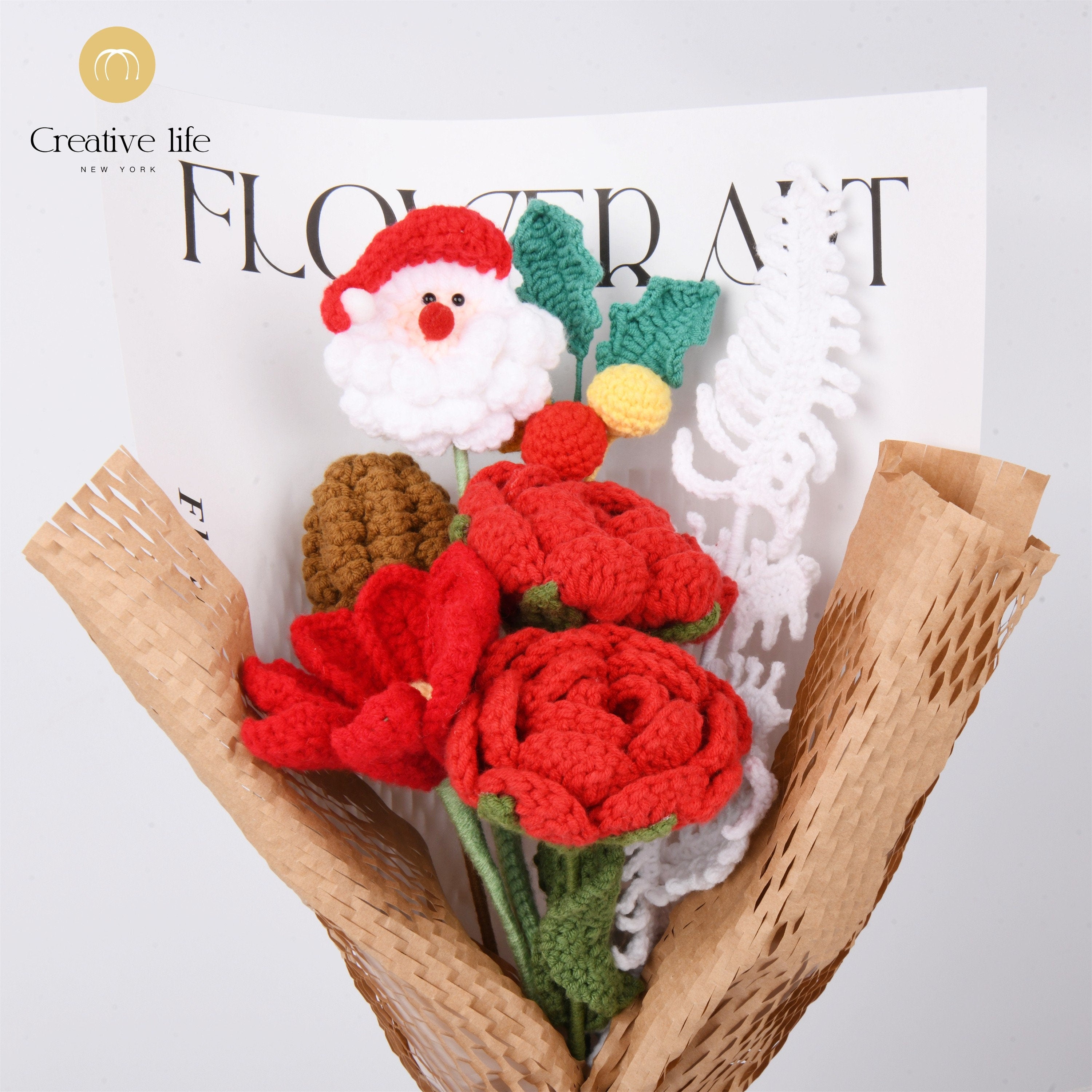 7PCS Handmade Santa Claus/Rose/Pinecone/Fern/Gesang Flowers Crochet Bouquet