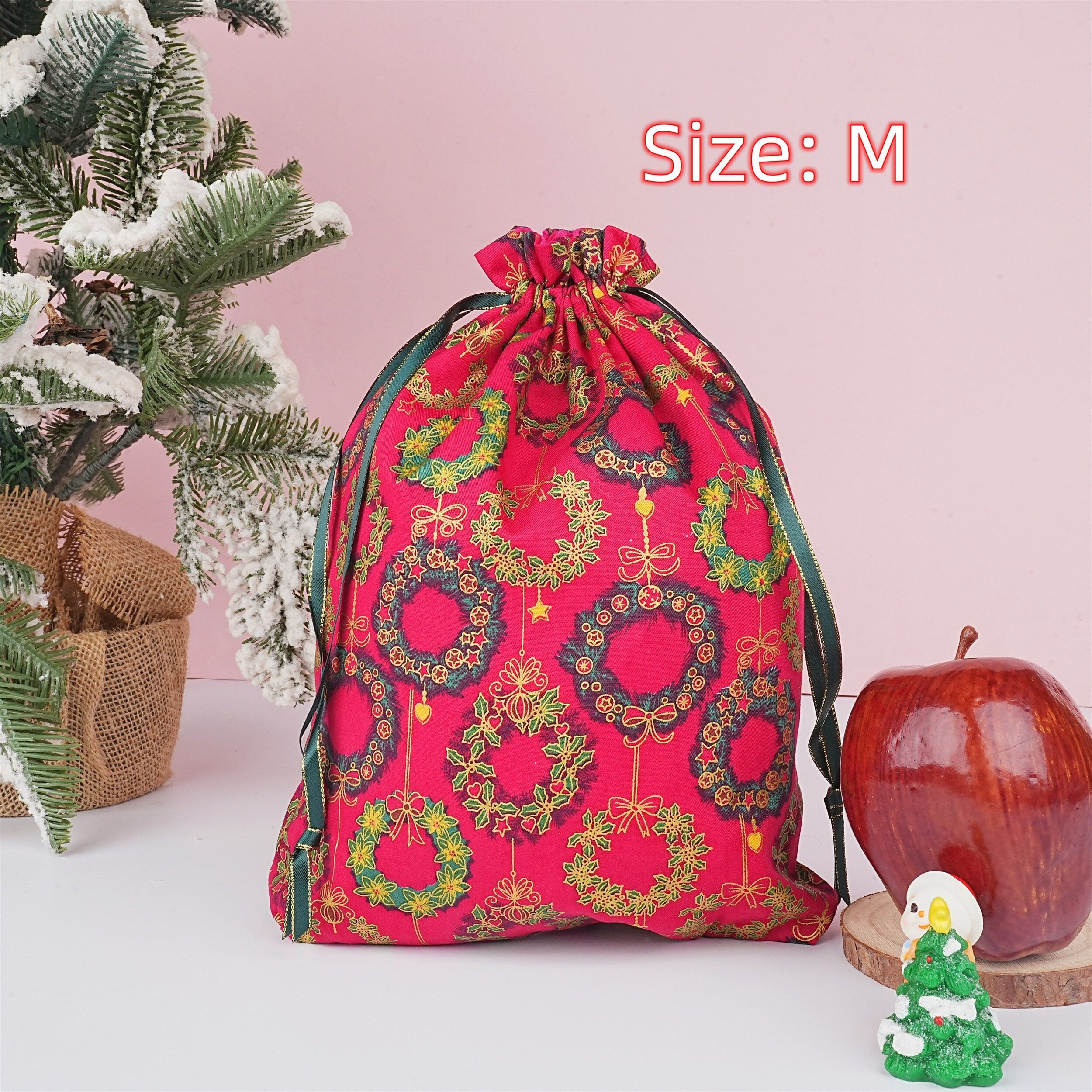 S/M/L Handmade Bronzing Christmas Wreath Red Drawstring Gift Bags