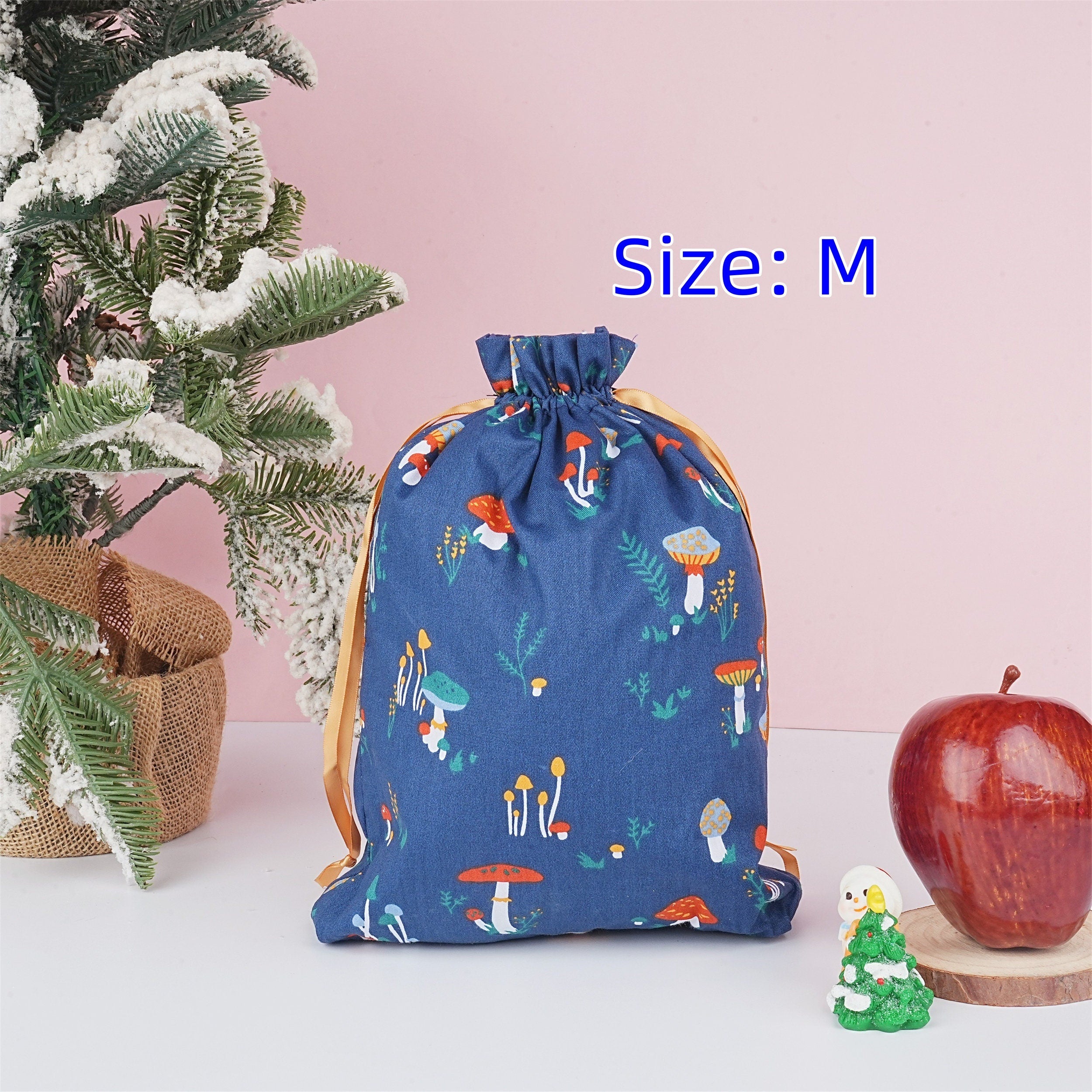 S/M/L Handmade Mushroom Blue Drawstring Gift Bags