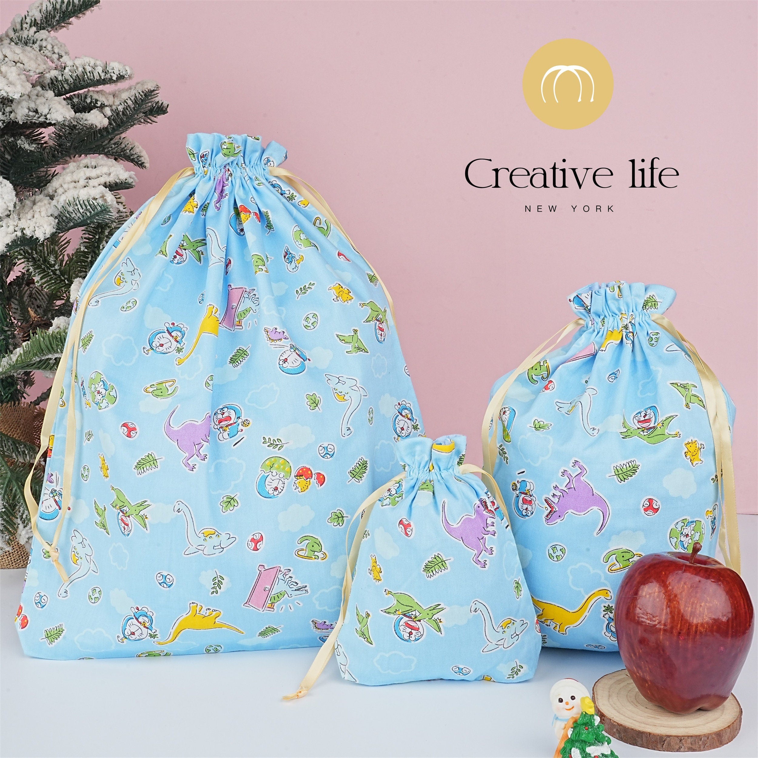 S/M/L Handmade Doraemon Light Blue Cartoon Drawstring Gift Bags